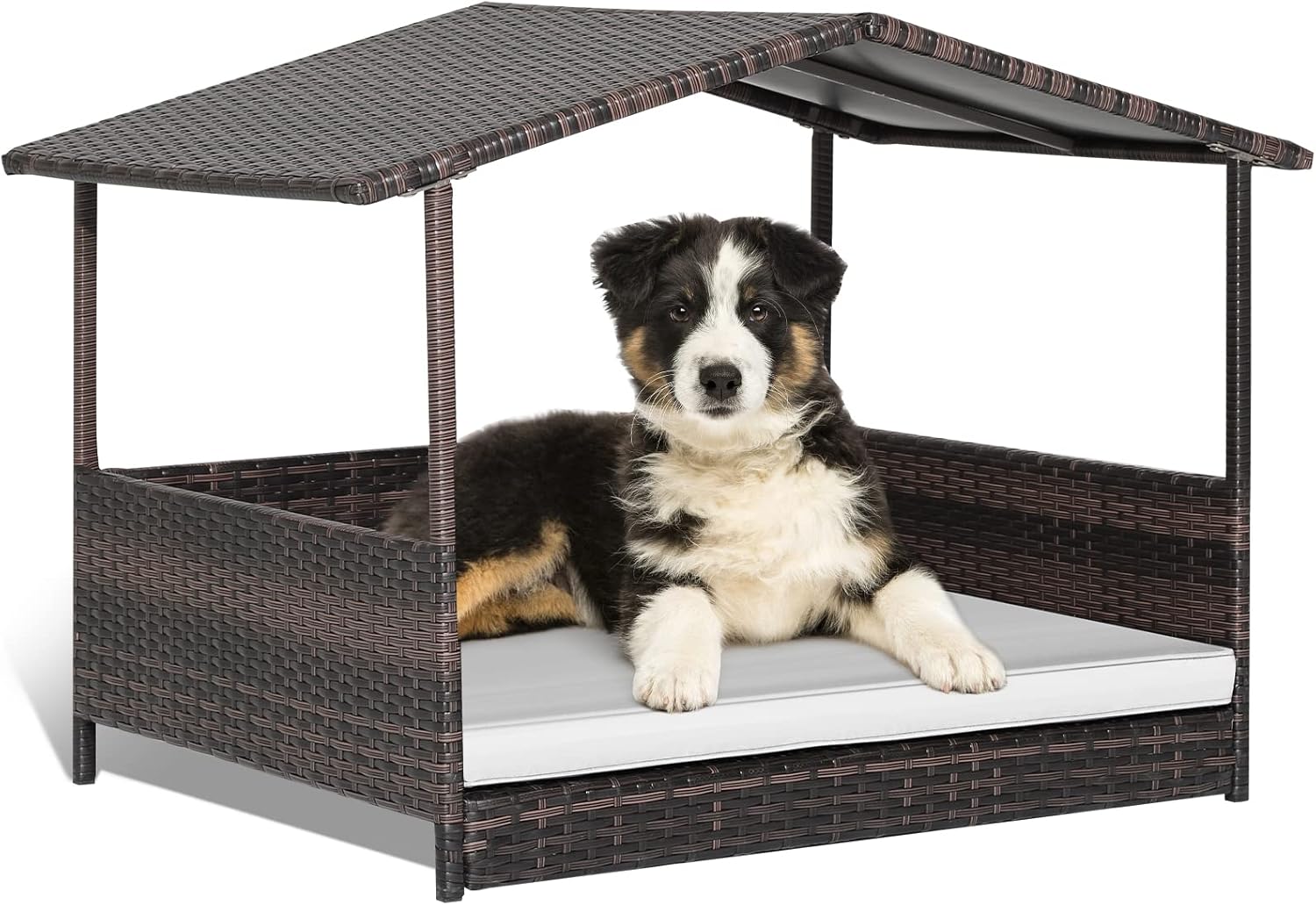 Giantex Casa de mimbre para perro, cama elevada de ratán para perros con techo impermeable, funda de cojín lavable, marco de acero, cama elevada