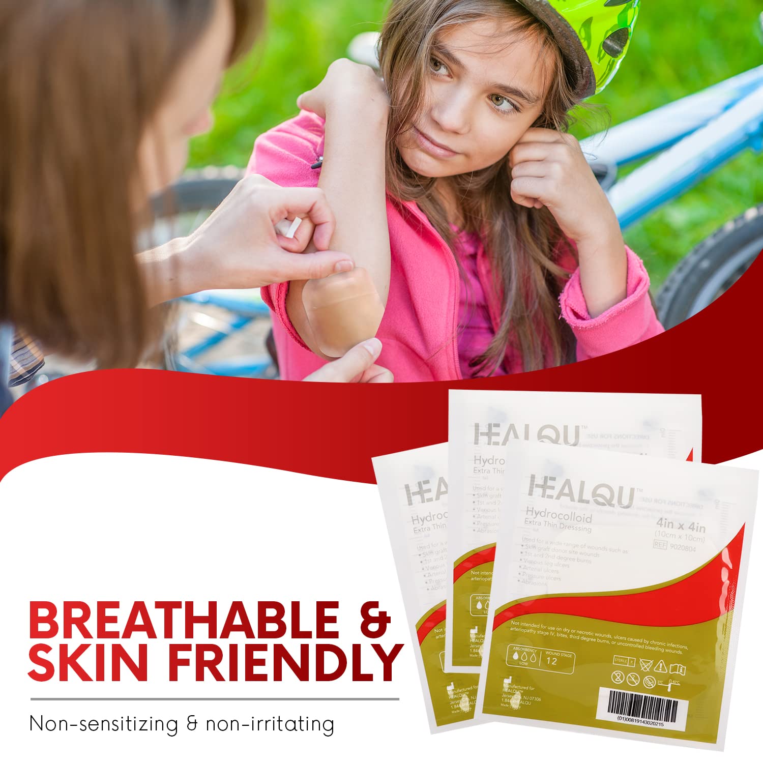 Healqu Apósito hidrocoloide para heridas  4 x 4 pulgadas de grosor  Caja de 10 vendas grandes  Parches hidrocoloides con borde esterilizado para