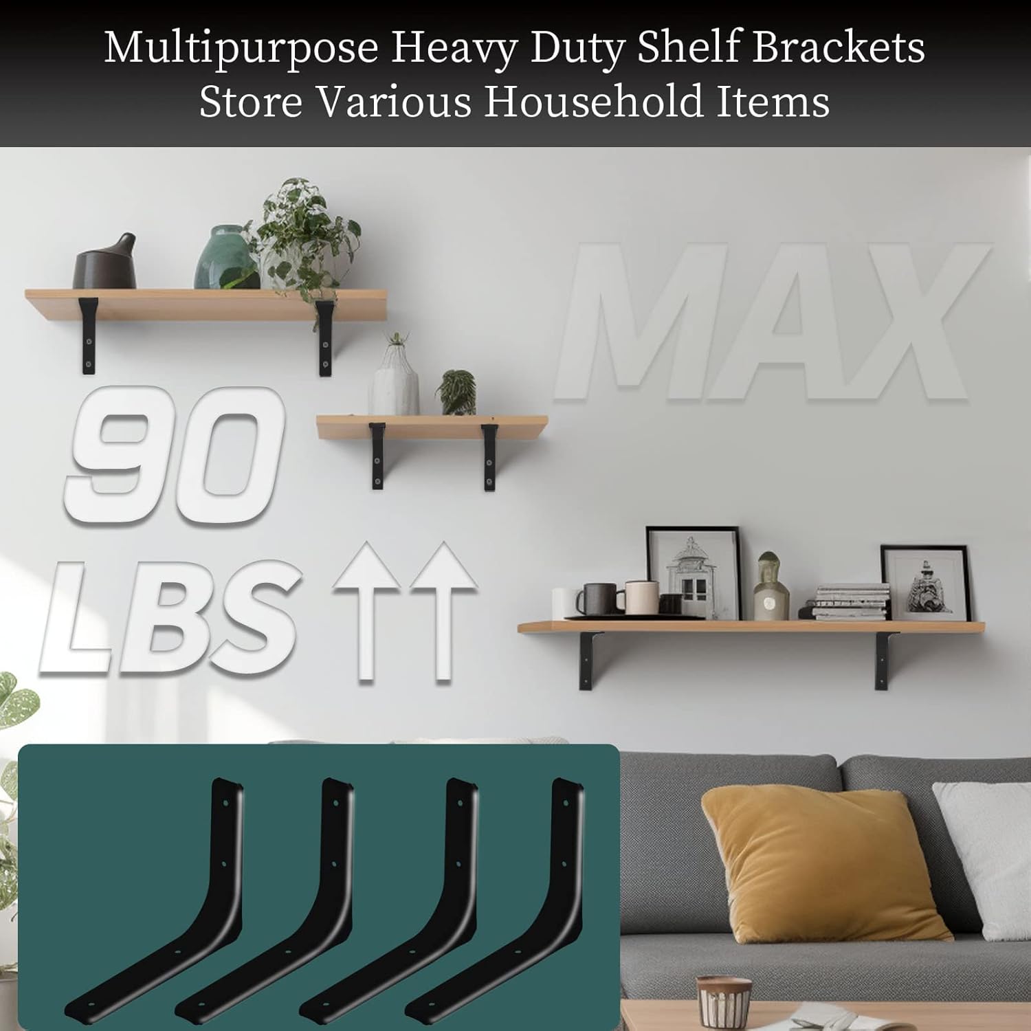 Paquete de 8 soportes de estante de 6 pulgadas, soporte flotante de 90 grados, soporte negro en forma de L, soporte de pared para estante (negro)