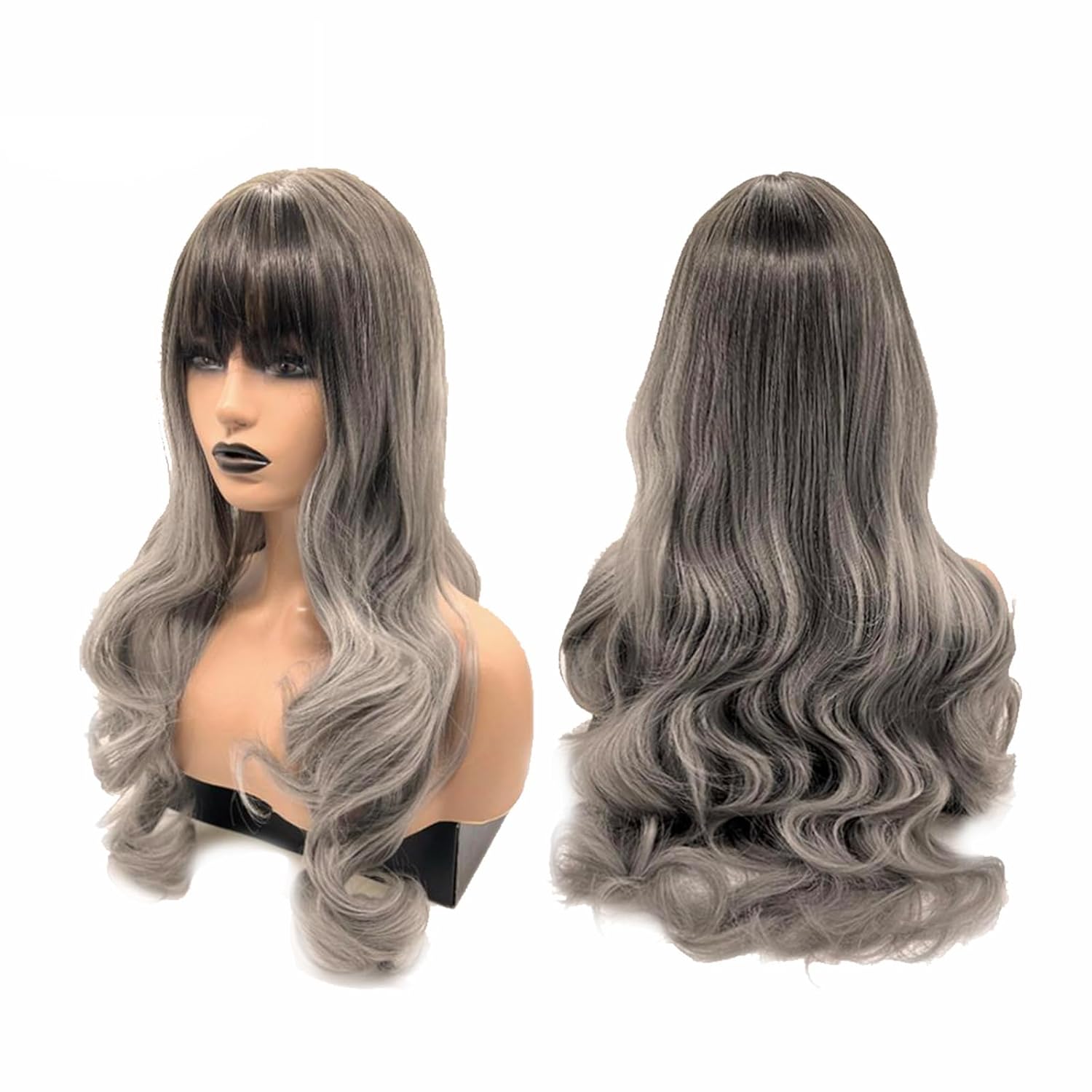 AMANDA – Peluca balayage gris con flequillo completo, larga y rizada, sin pegamento, pelucas sintéticas naturales para uso diario (pelucas de