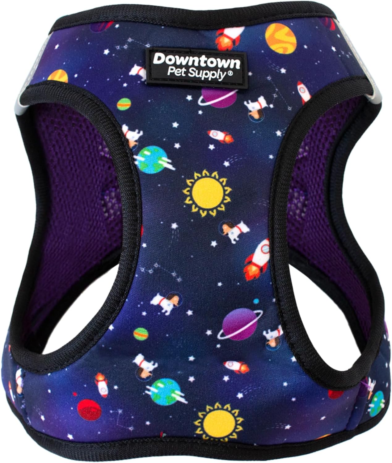 Downtown Pet Supply – Arnés ajustable para perros pequeños, antitirones, XS, diseño espacial, tela de malla acolchada y borde reflejante, arnés de