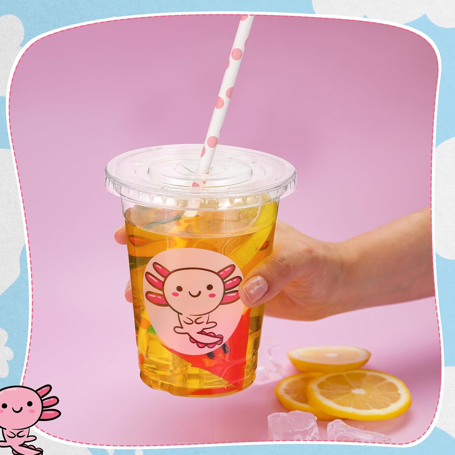 Juego de 120 vasos desechables de ajolote transparente de 12 onzas con tapas y pajitas de papel, tazas de café helado para niñas, decoración de