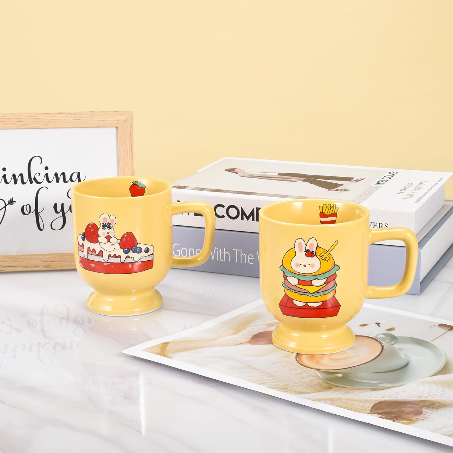 Taza de café de cerámica, tazas y tazas creativas con patrón de conejo y pastel, forma única de taza de 10 onzas para café con leche, capuchino,