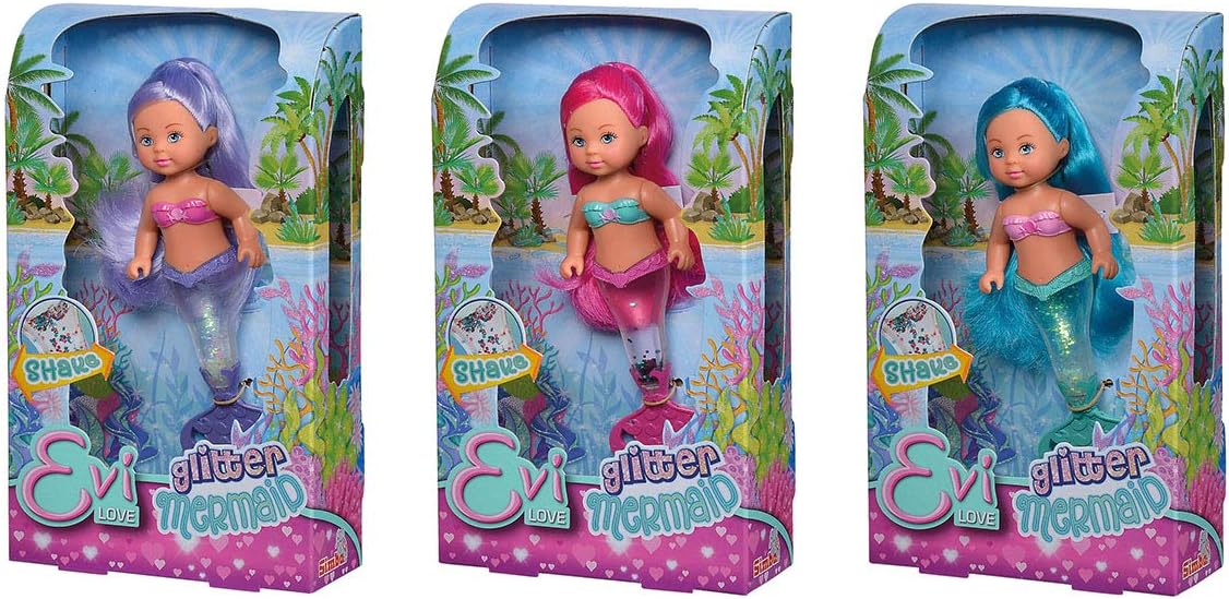 Simba 105733482 – Muñeca de sirena con purpurina Evi Love con aleta de cola, brillante al agitar, solo se suministra un artículo