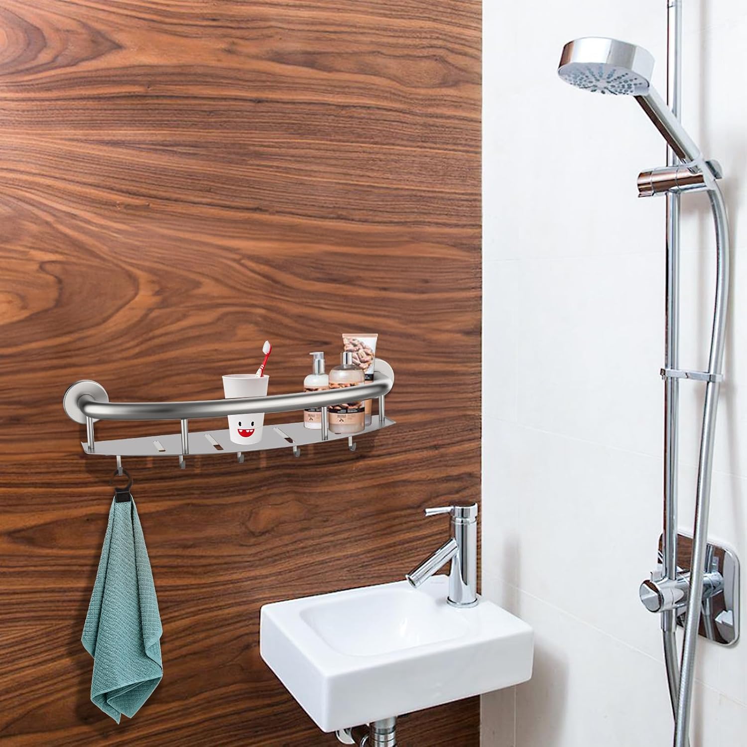 Barra de seguridad de níquel cepillado de 18 pulgadas con estante de almacenamiento para bañera o ducha, orificios de drenaje, acero inoxidable,