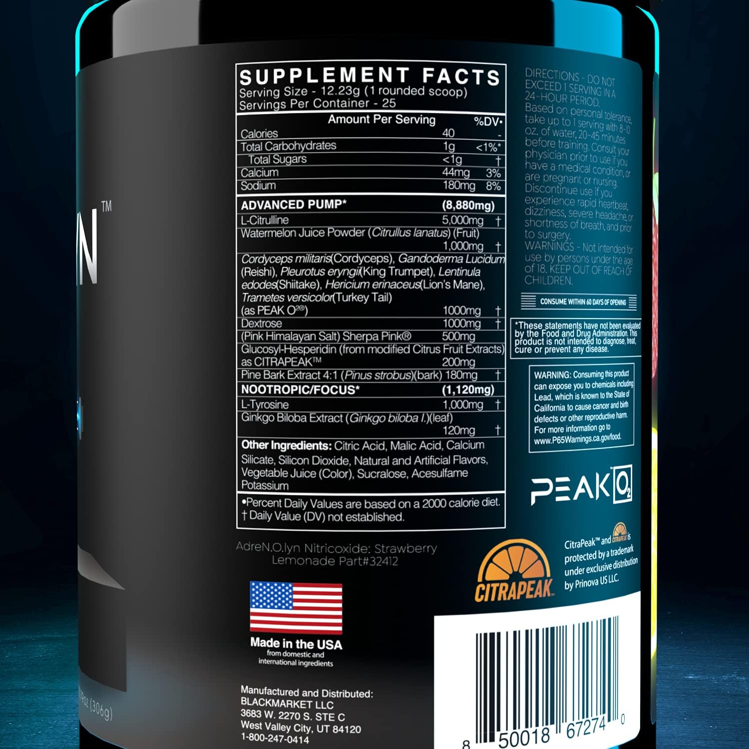 BLACKMARKET AdreNOlyn Stim – Mezcla de bebida en polvo con sabor sin cafeína para hombres y mujeres, refuerzo de óxido nítrico, no estimulante