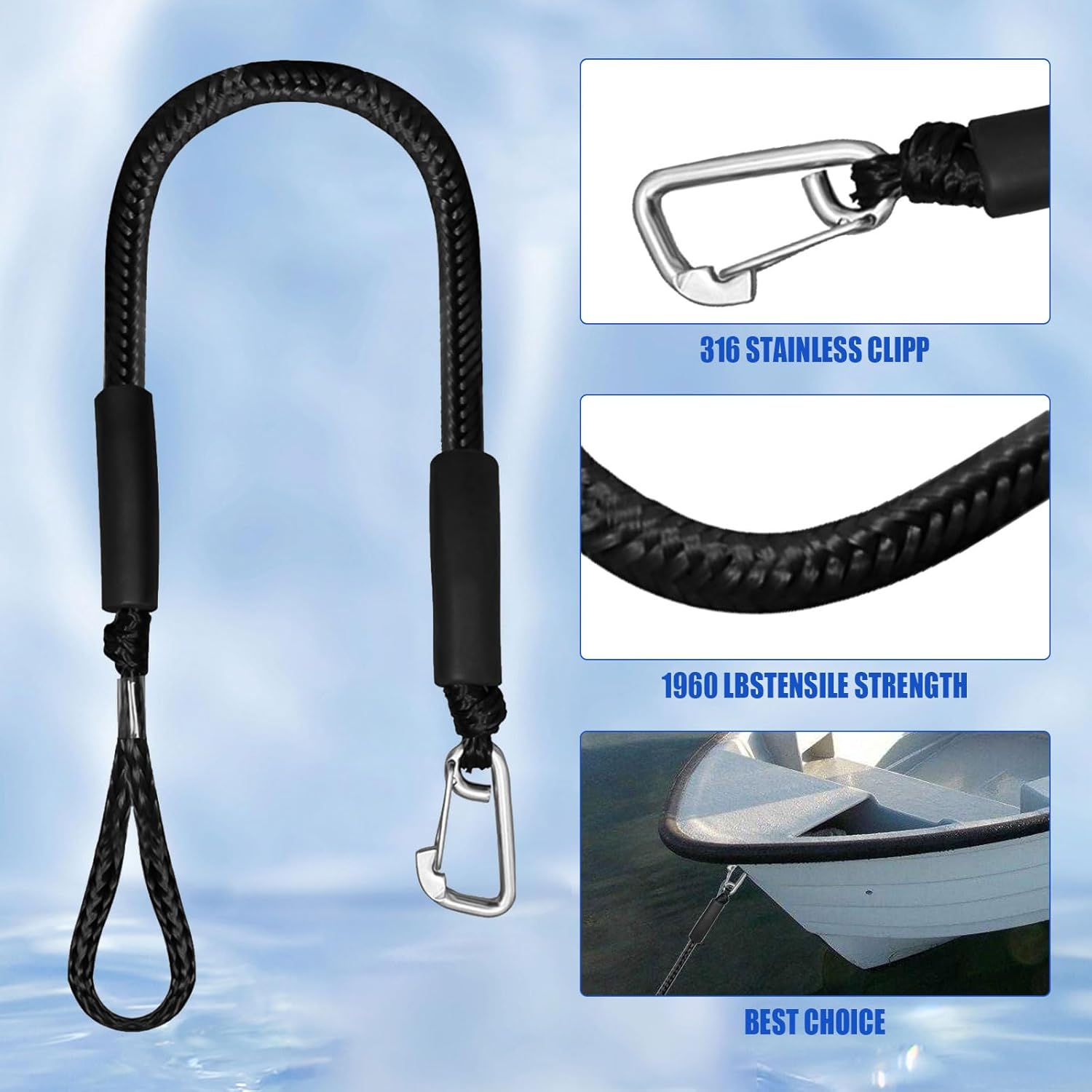 4 líneas de muelle elástico, líneas de muelle elástico de 2 pies con cuerda de amarre de clip inoxidable 316 para acoplamiento para P-W-C, Kay-ak,