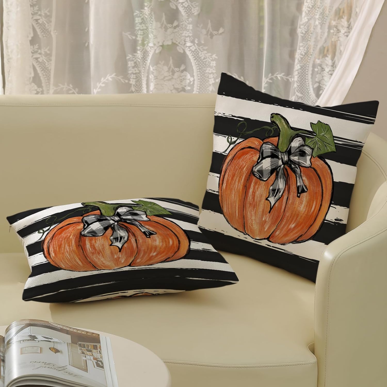 Juego de 2 fundas de almohada de otoño de 16 x 16 pulgadas, diseño de rayas de acuarela negra, decoración de calabaza, para sofá, cosecha de otoño,