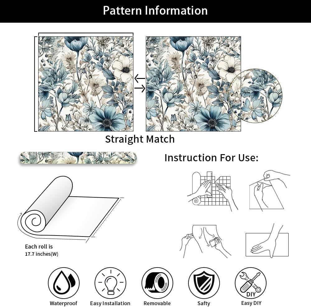 Papel tapiz autoadhesivo autoadhesivo de 18 x 236 pulgadas, diseño de flores florales en acuarela azulblanco, papel de contacto extraíble, papel de