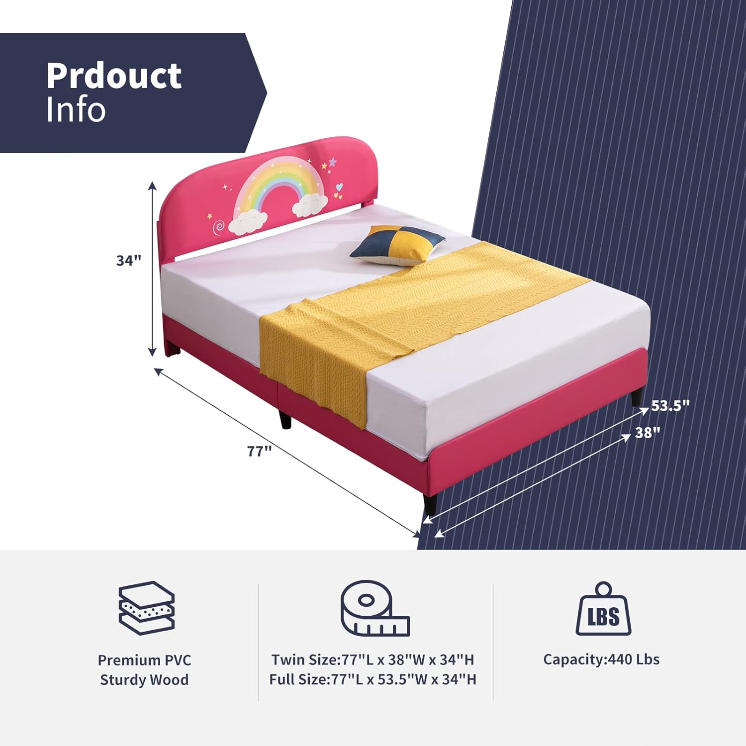 Zafly – Marco de cama matrimonial para niños, marco de cama infantil con cabecera tapizada, cabecera y estribo curvados, marco de cama de madera de