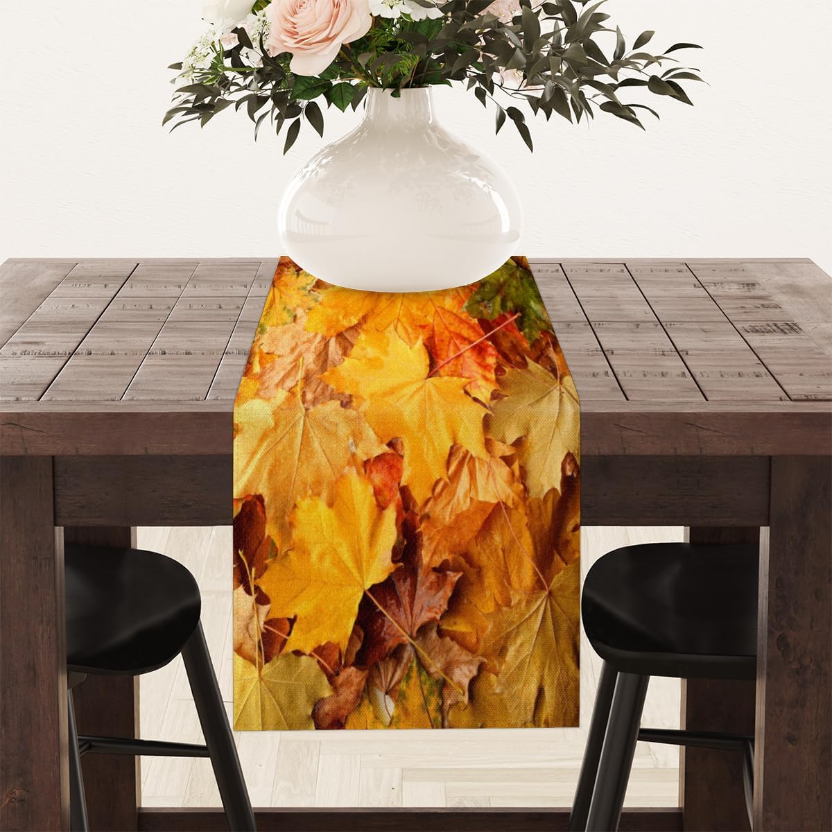 Table Runner Autumn Leaves, Rustic Linen Table Cloth, Kitchen Dining Table Decoration for Home Party Decor 13 x 48 Inches