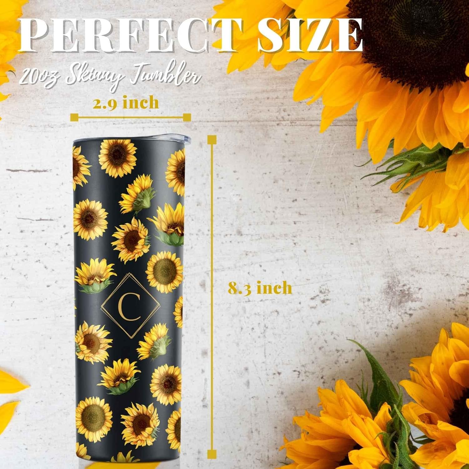 Onebttl Regalos de girasol con inicial para los amantes del girasol, vaso de vino de acero inoxidable con inicial de 20 onzas con diseño de girasol,