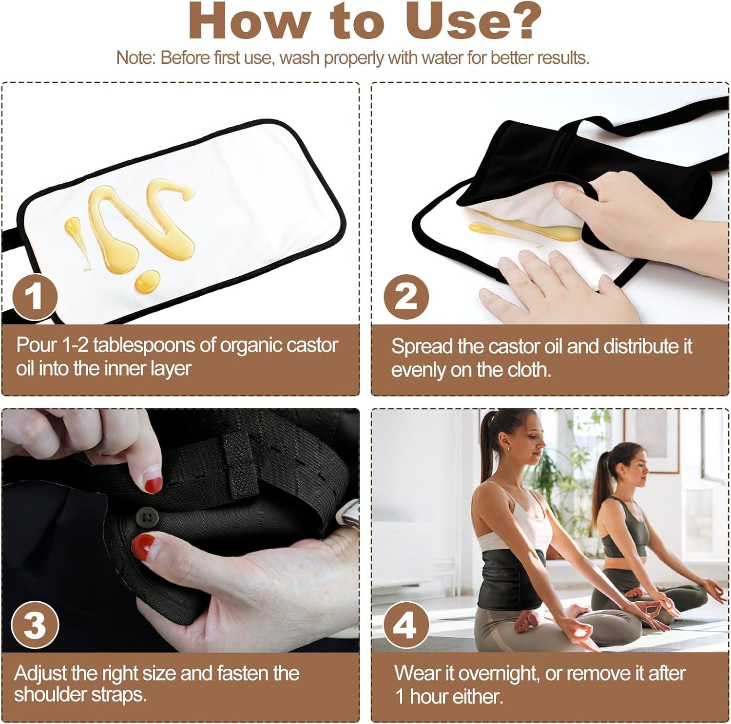 Paquete de aceite de ricino orgánico, kit de envoltura de compresa de aceite de ricino reutilizable con correas elásticas ajustables para el hombro,