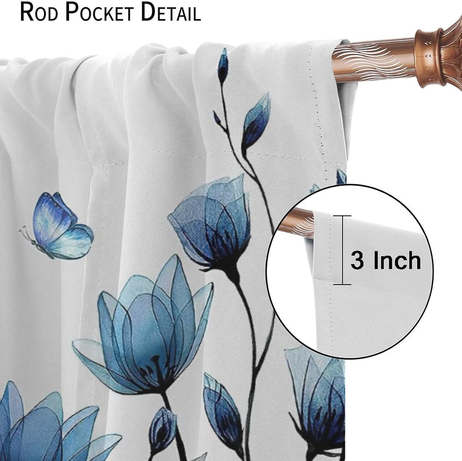 Cortinas de flores azules con tulipanes florales para mujer, plantas botánicas de mariposa, elegantes y pequeñas, para sala de estar, tela de