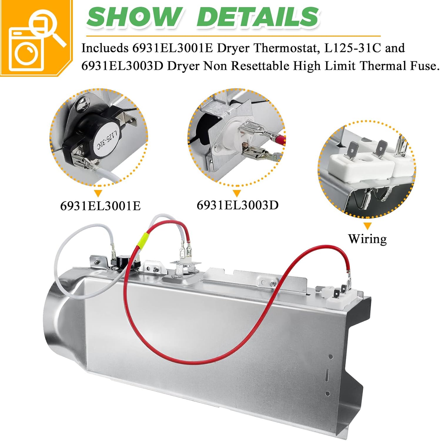 5301EL1001A Conjunto de elemento calefactor para secadora de Techecook- Apto para secadores Kenmore LG 5301EL1001H – Reemplaza 5301EL1001J