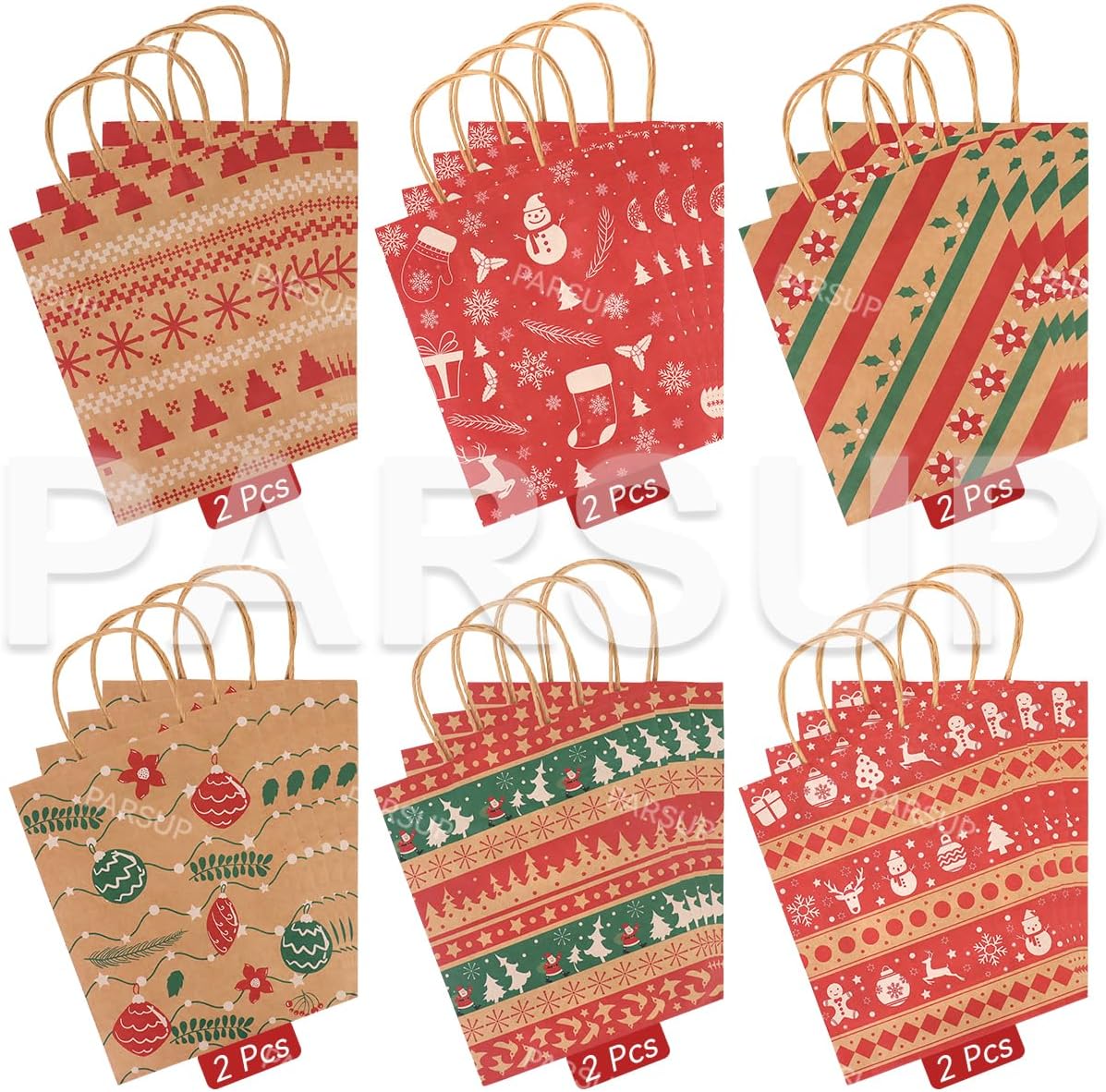 Bolsas de regalo de papel kraft de Navidad, 24 unidades de estilos surtidos, bolsas de papel pequeñas de Navidad con asas, bolsas de regalo de