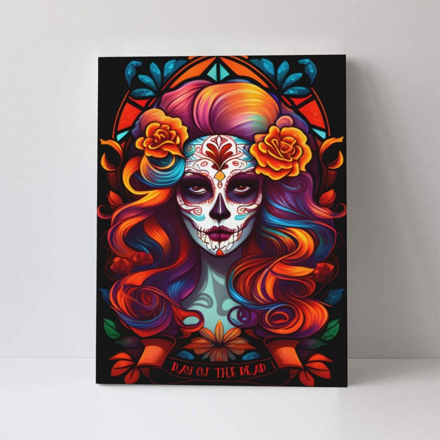 WEASYYDS Lienzo decorativo para pared, diseño de calavera de azúcar con vitrales naranjas, decoraciones espeluznantes de Halloween, regalo de obras
