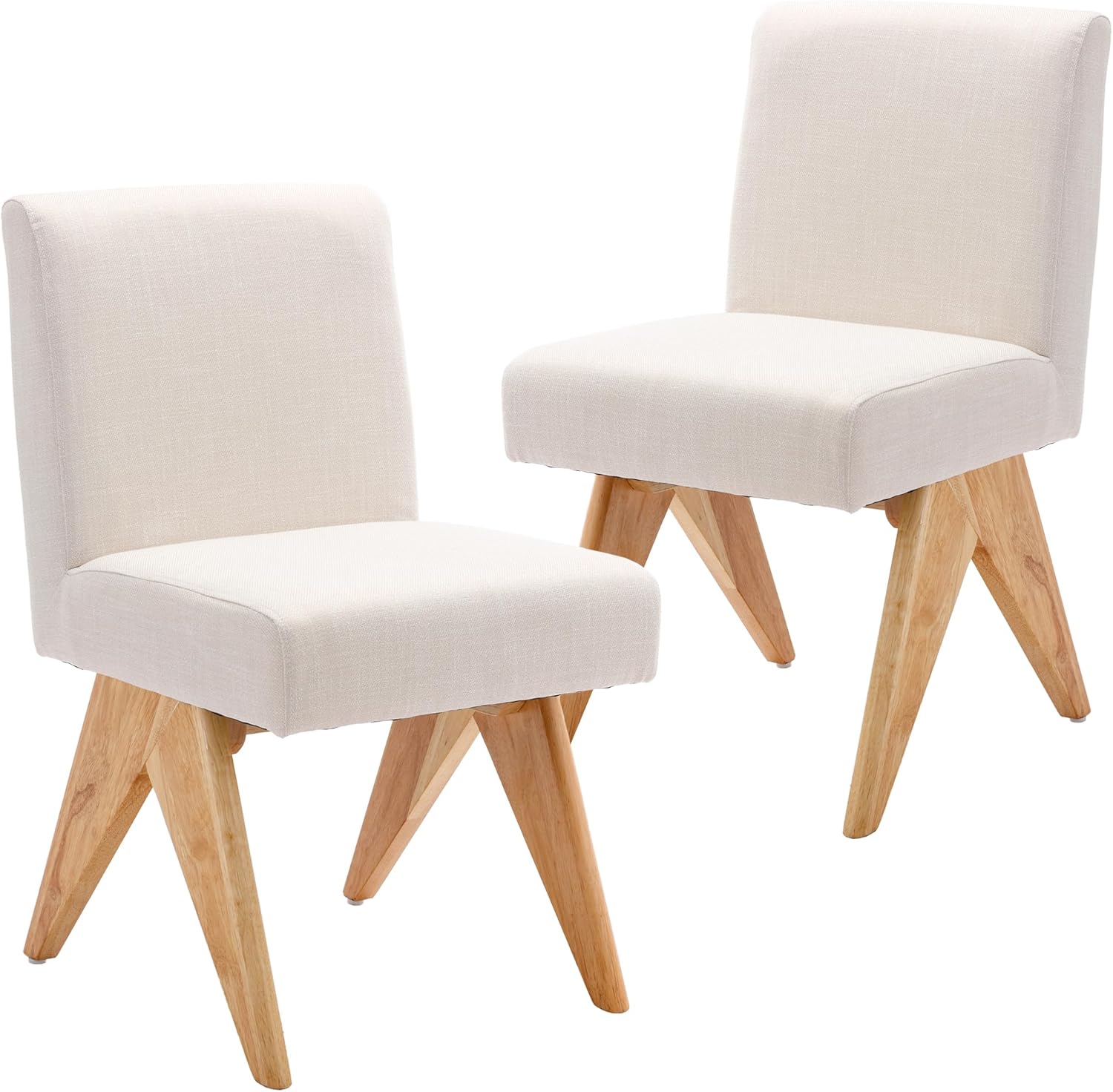 Wahson Juego de 2 sillas de comedor modernas tapizadas de lino de mediados de siglo, silla de comedor de tela moderna sin brazos con patas de madera