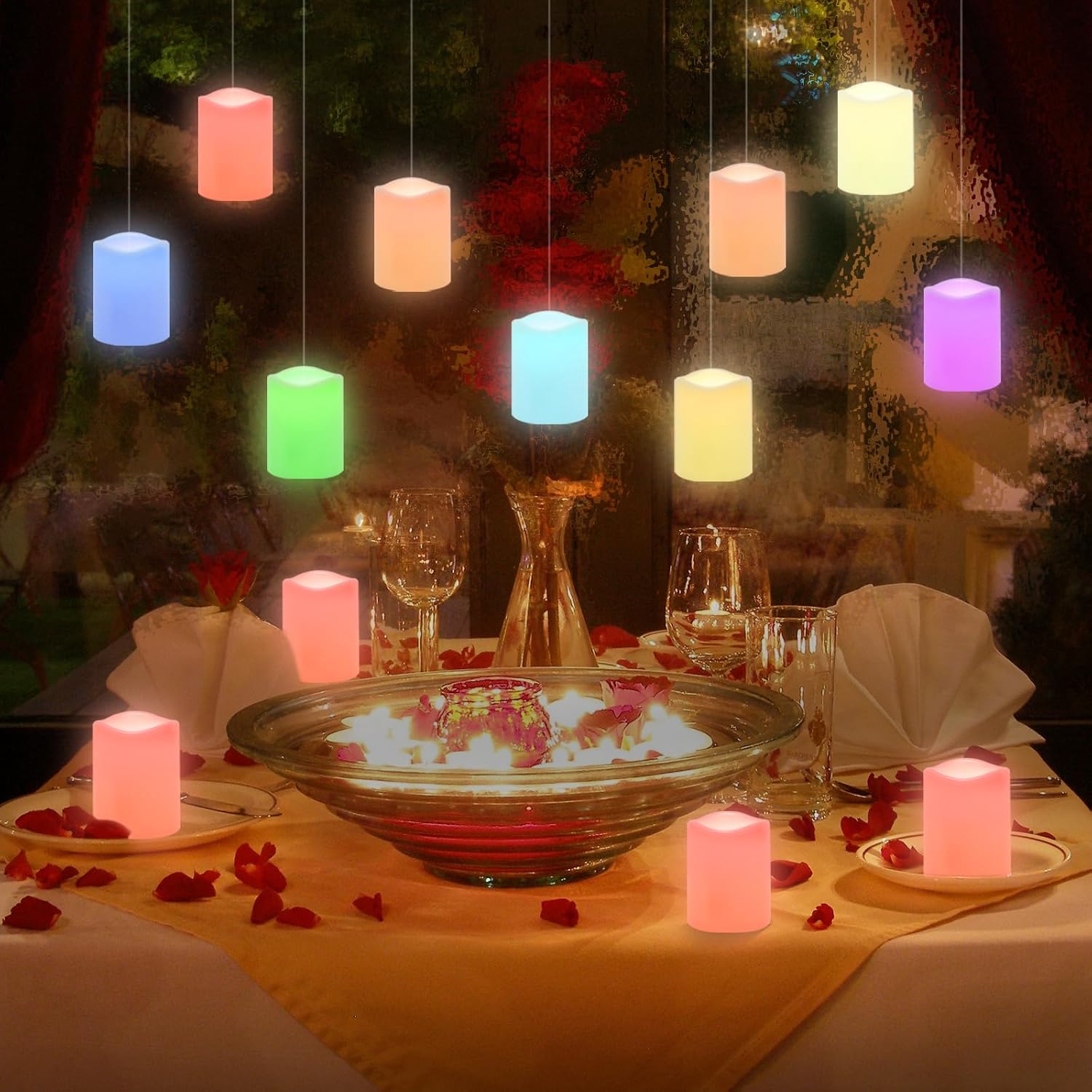 12 velas colgantes, velas de té que cambian de color, velas LED flotantes parpadeantes con control remoto, velas coloridas sin llama, 12 colores de