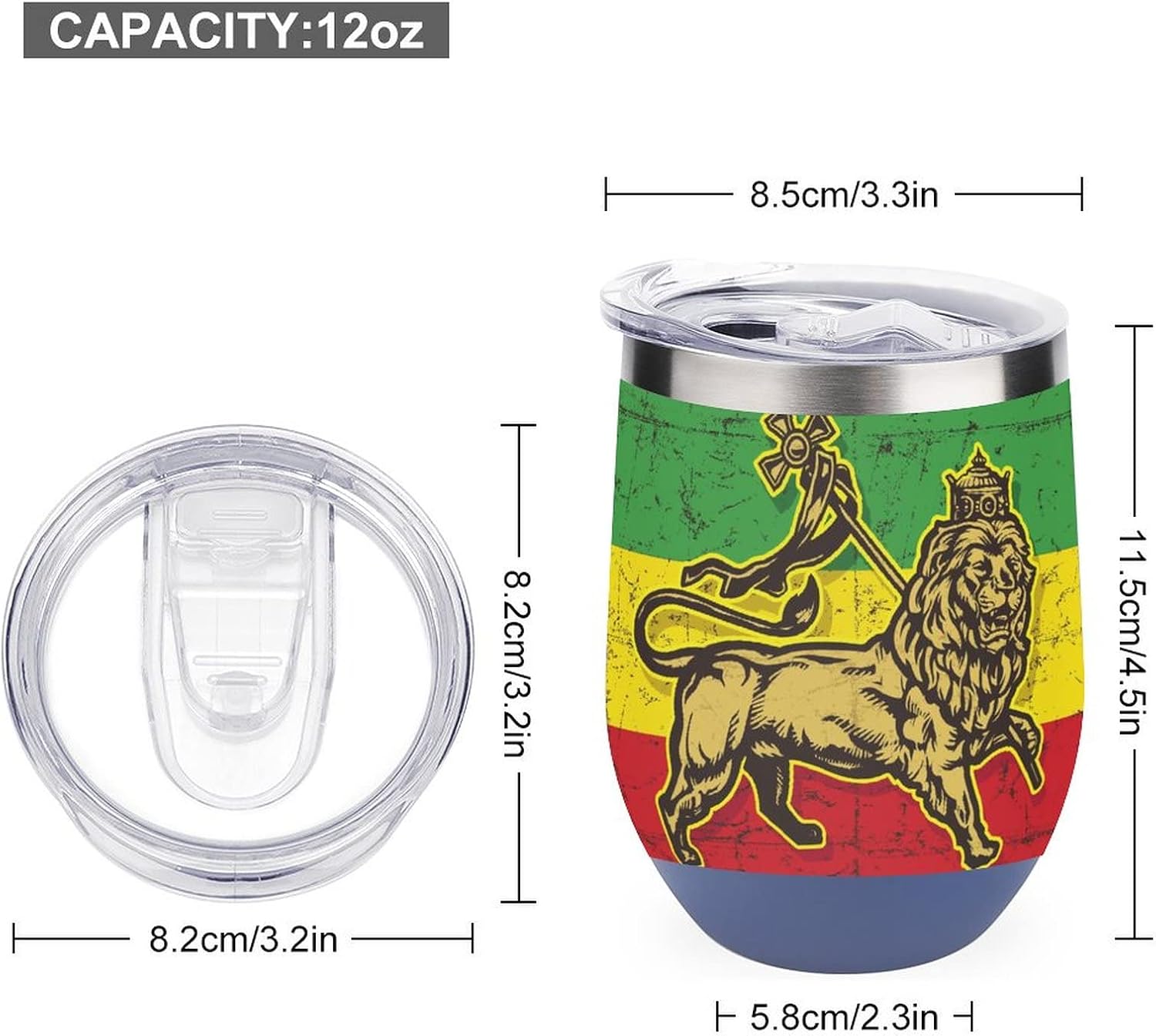 Vaso de vino aislado de 12 onzas con tapa con la bandera del león de Judá, reutilizable, doble pared al vacío, taza de café de acero inoxidable que