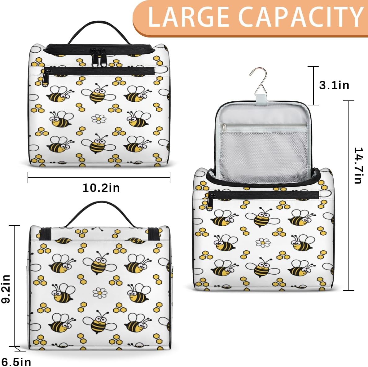 Lovely Bees Neceser para mujer, organizador de maquillaje de viaje con gancho para colgar, bolsas de cosméticos de viaje para accesorios de aseo