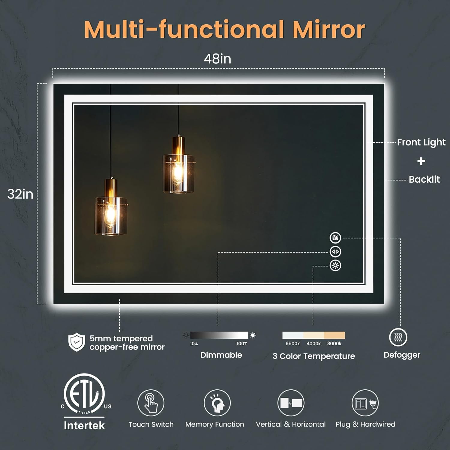 Espejo de baño LED mejorado de 48 x 32 pulgadas con luces, frontal y retroiluminado, antiniebla, regulable, espejo de baño iluminado para pared,
