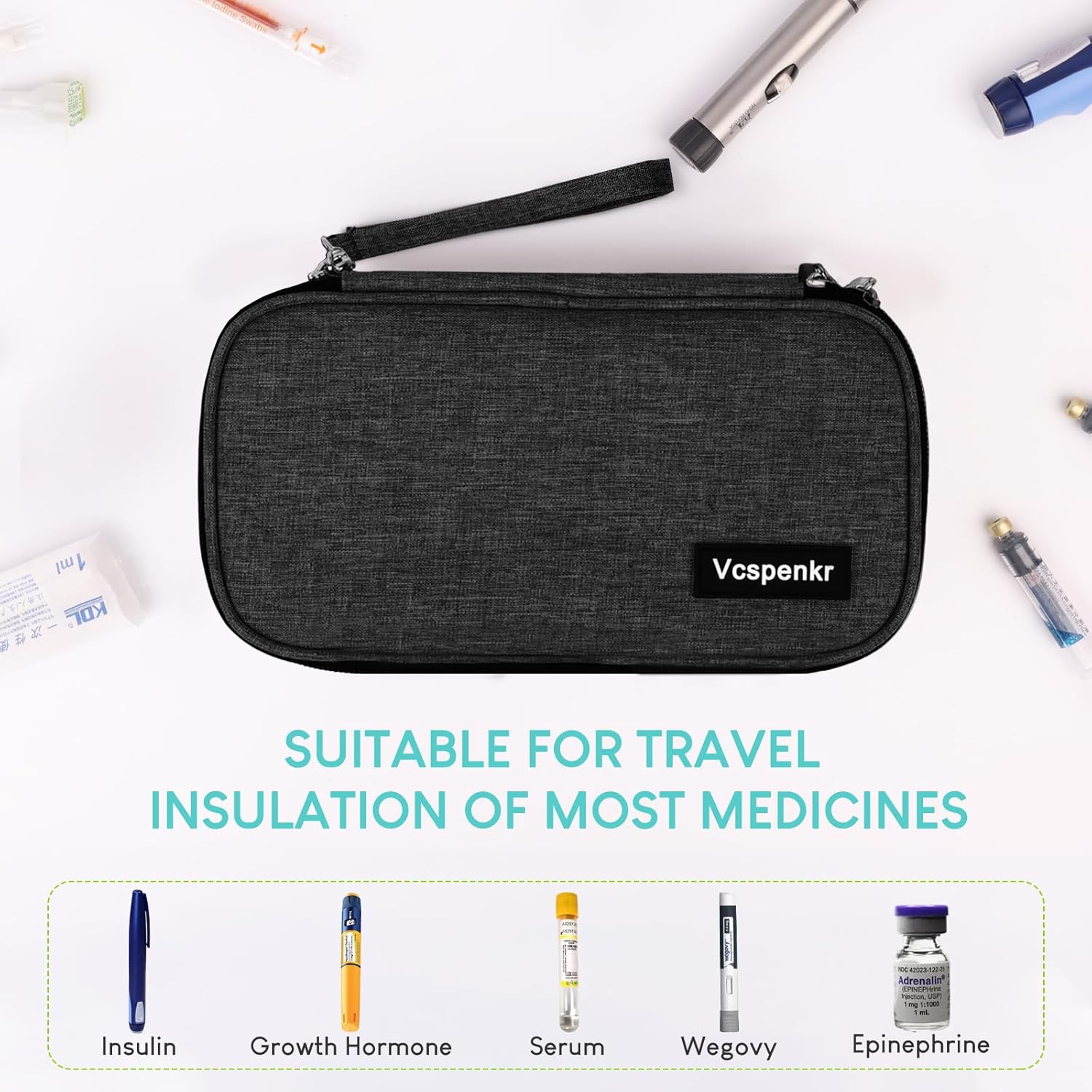 Vcspenkr Bolsa de viaje para enfriar insulina, bolsa de transporte para medicamentos diabéticos con 2 paquetes de hielo de 7.05 oz, organizador