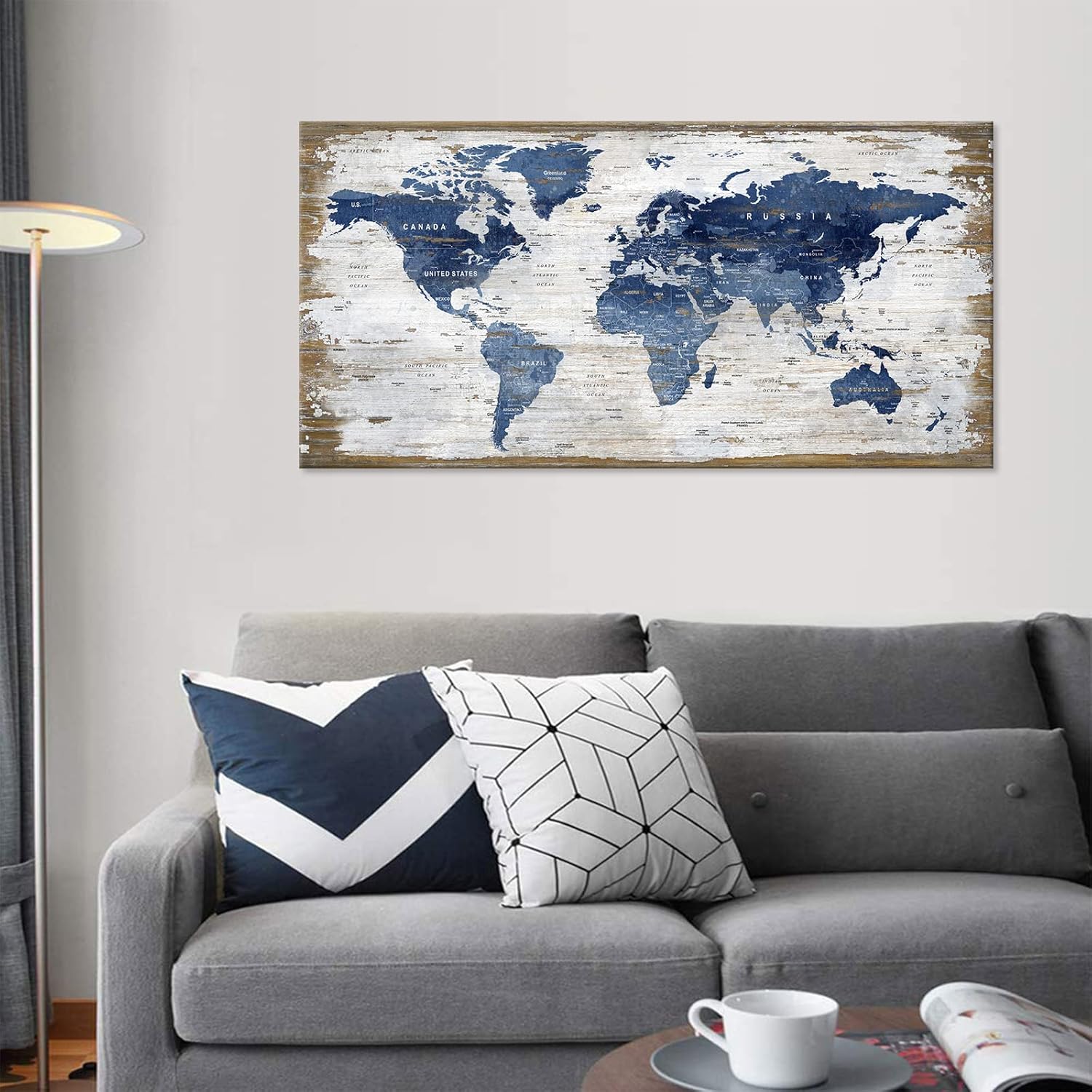 Lienzo grande con mapa del mundo vintage, arte para la pared, diseño de mapa azul oscuro del mundo, imágenes de mapas retro, impresiones artísticas