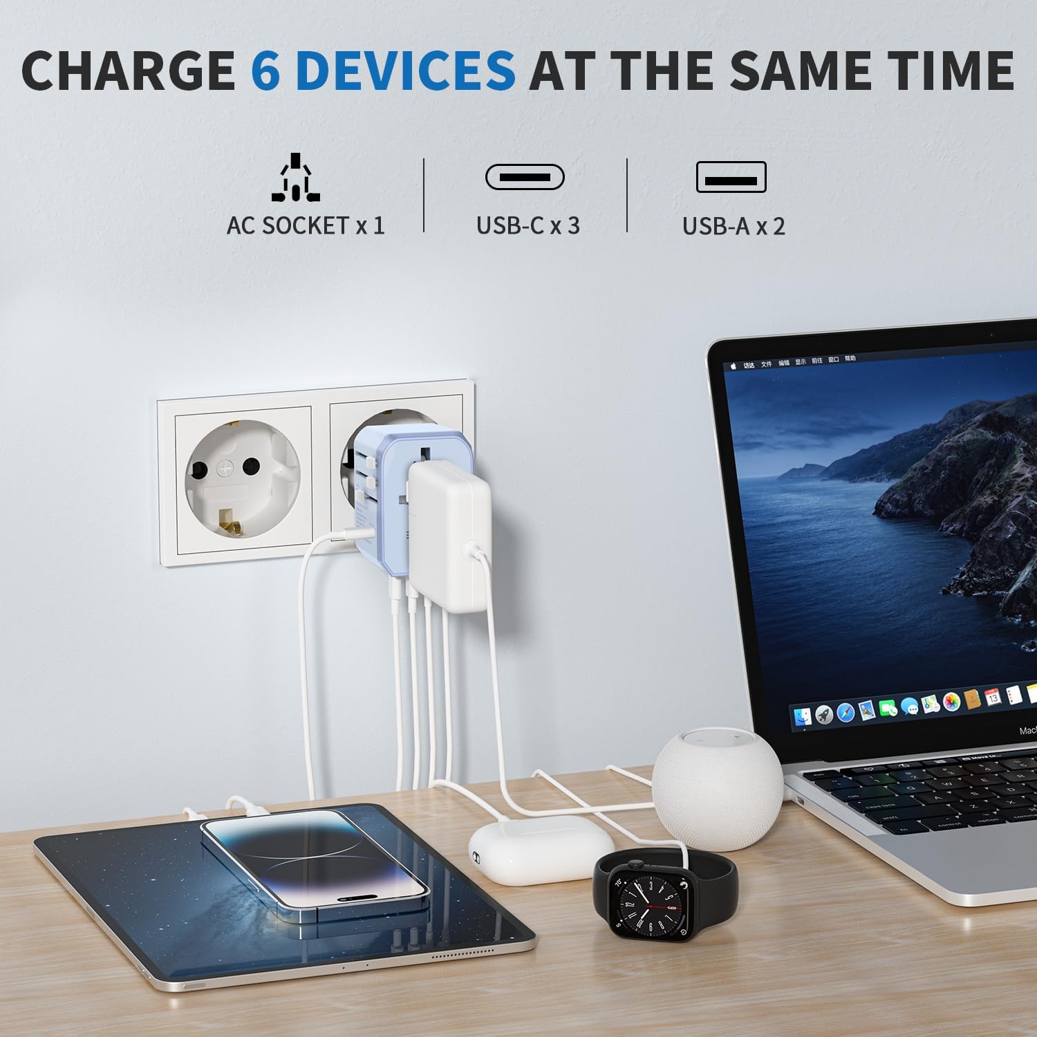 EPICKA Adaptador de viaje universal, adaptador de enchufe de alimentación internacional con 3 puertos USB-C y 2 puertos USB-A, cargador de pared