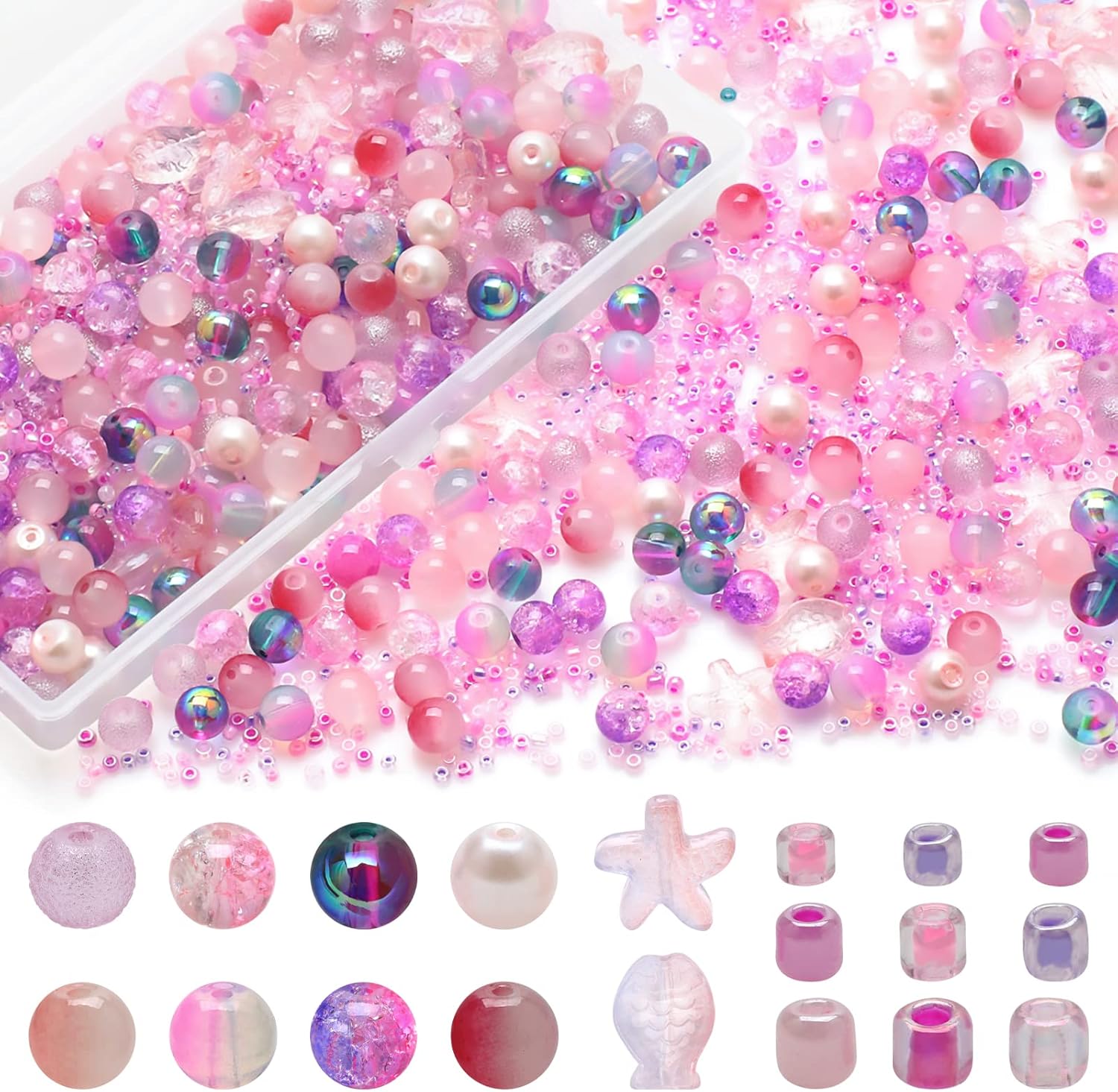 Kit de 760 piezas de cuentas mixtas para manualidades, kit de fabricación de pulseras de cuentas de vidrio rosa, cuentas de cristal redondas de