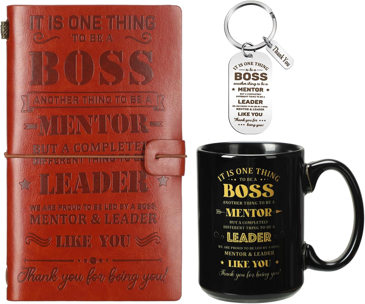 Mifoci Los regalos de Navidad para hombres incluyen una taza de café de porcelana negra de agradecimiento al jefe, diario grabado con jefe y llavero