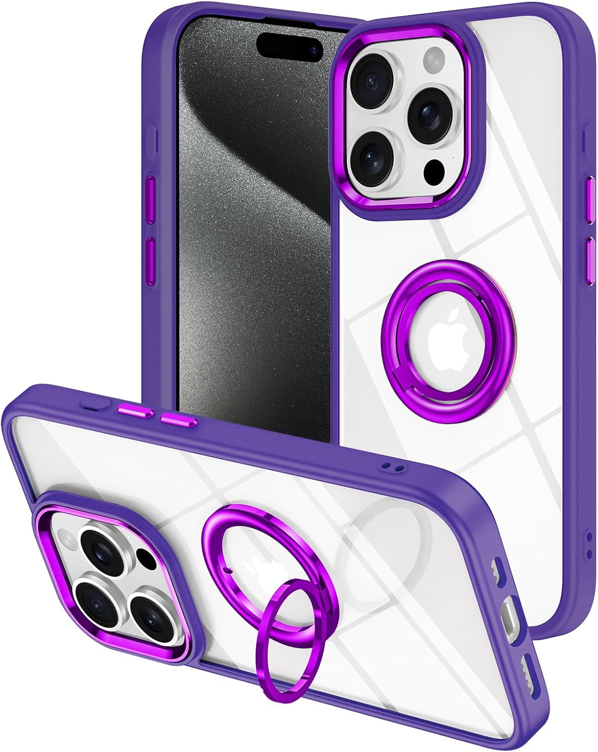 LONTECT Funda para iPhone 15 Pro con soporte de anillo a prueba de golpes, ajuste delgado, resistente a los arañazos, cristal transparente, funda