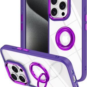 LONTECT Funda para iPhone 15 Pro con soporte de anillo a prueba de golpes, ajuste delgado, resistente a los arañazos, cristal transparente, funda LONTECT Funda para iPhone 15 Pro con soporte de anillo a prueba de golpes, ajuste delgado, resistente a los arañazos, cristal transparente, funda