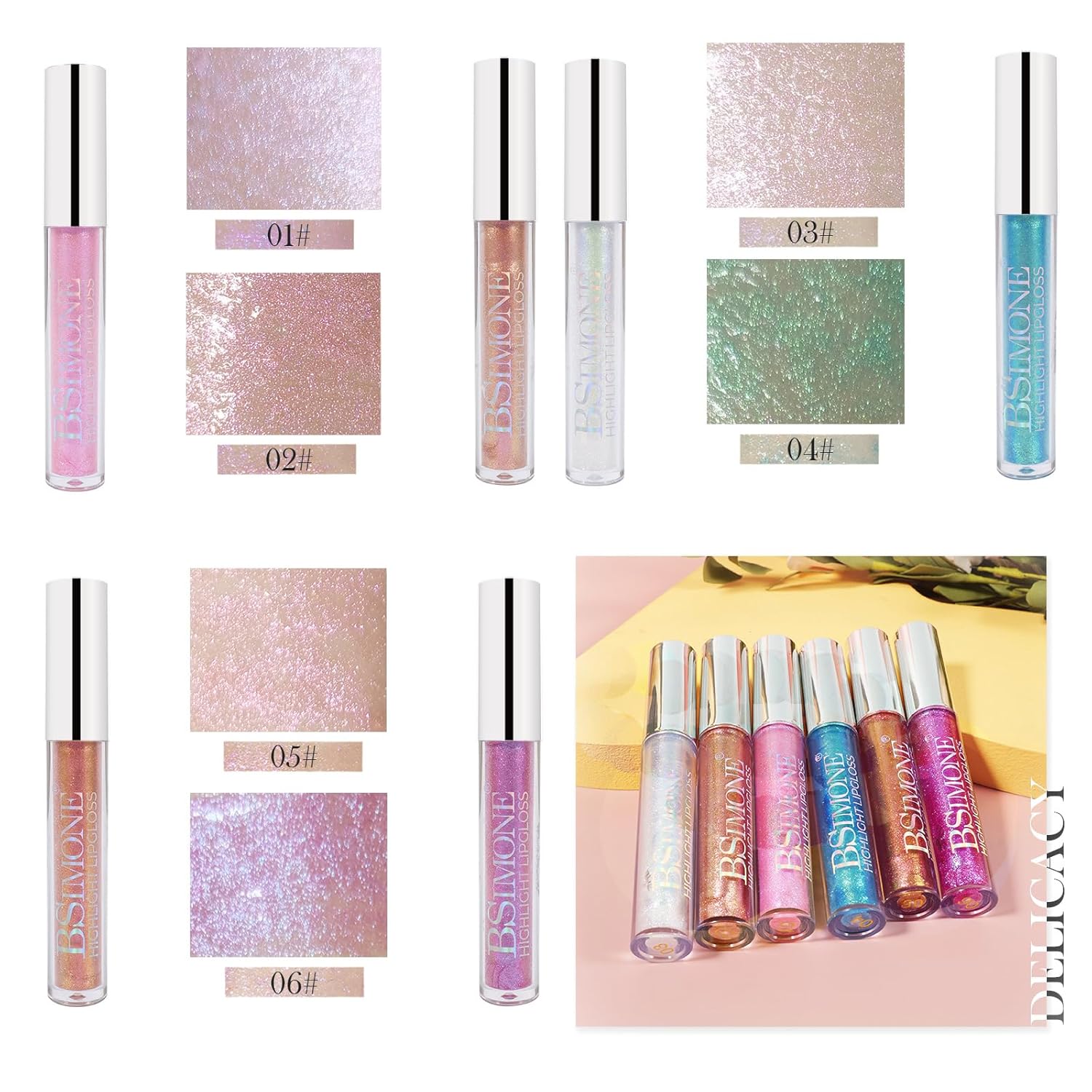 Juego de lápices labiales líquidos con purpurina, 6 colores, brillo de neón con diamantes metálicos, impermeable, kit de maquillaje de larga