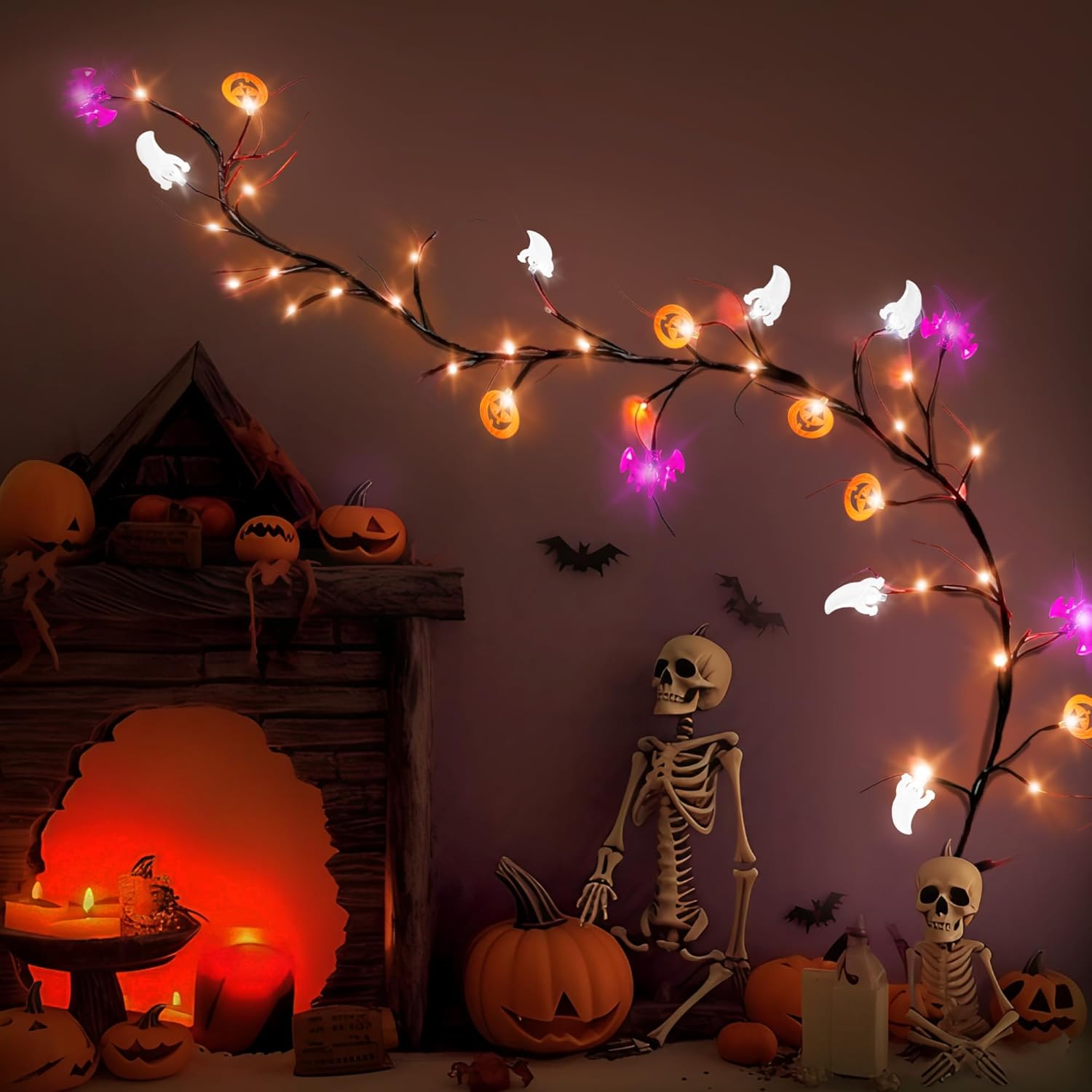Luces de Halloween naranjas y moradas, guirnalda de Halloween de ramita de sauce de 6 pies, 54 LED con calabazas, murciélagos y luces fantasma, 8