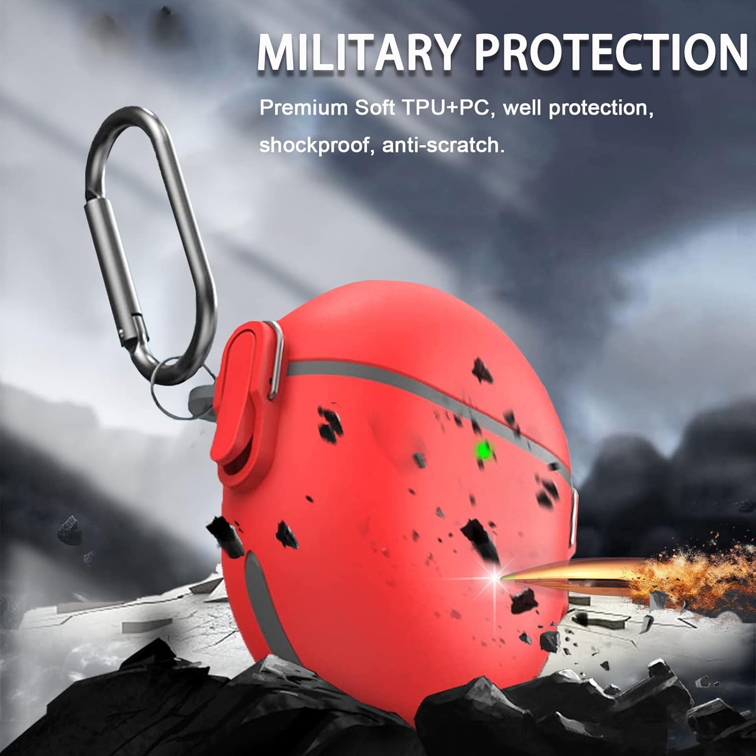 Miimall Funda compatible con Google Pixel Buds Pro, bloqueo seguro, llavero antipérdida, LED frontal visible, funda protectora militar de