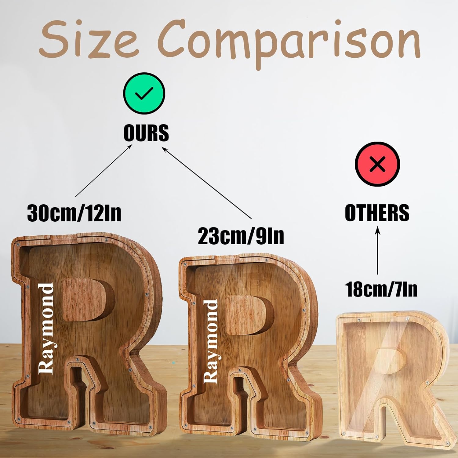 Alcancía grande de madera con nombre personalizado para niños y niñas, alfabetos, letras A-Z, monedas, billetes, cambio de dinero, caja bancaria