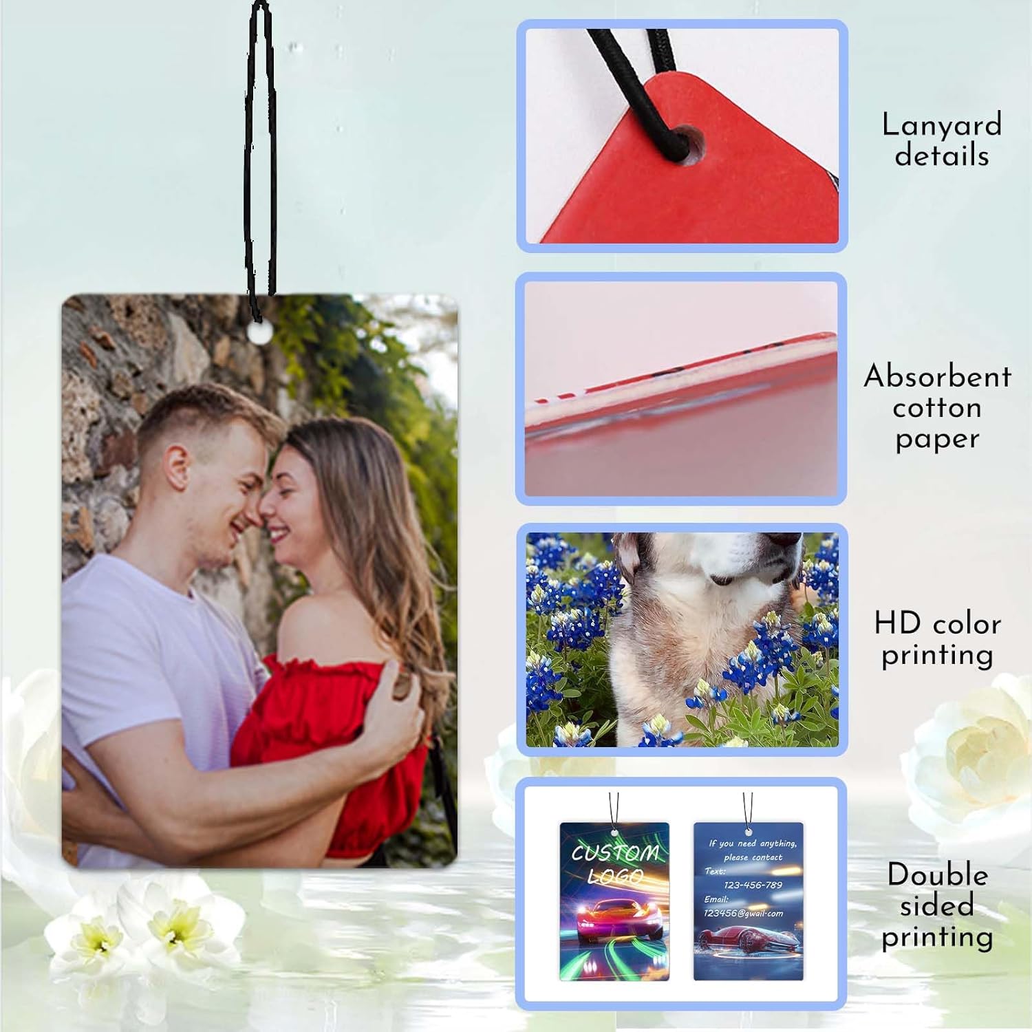 Ambientadores de aire personalizados con logotipo personalizado para automóvil, a granel, ambientadores personalizados de doble cara con logotipo de