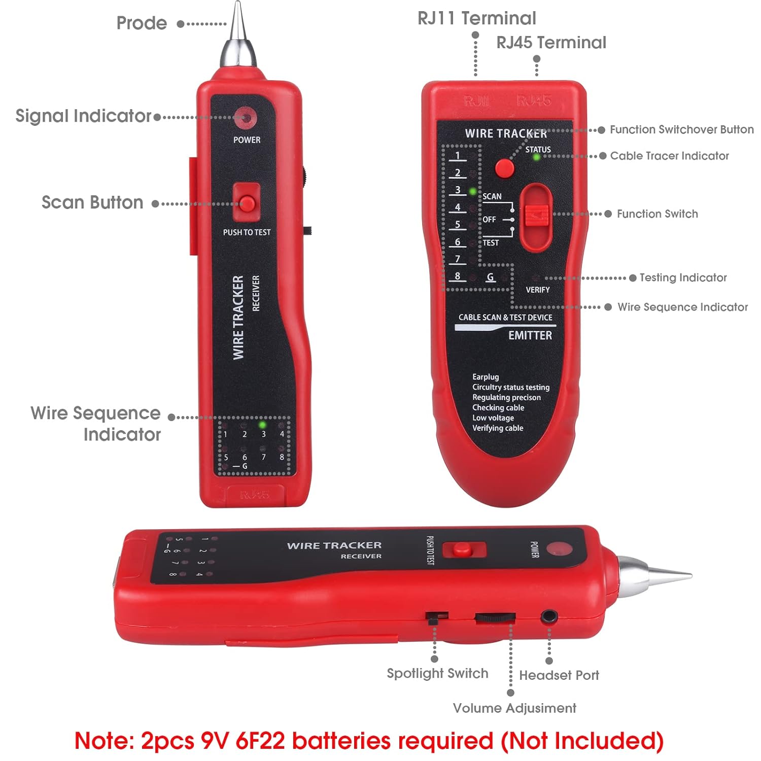 Probador de cables de red, probador de cables multifunción RJ45 RJ11 para colación de cables, colación de mantenimiento de red, prueba de línea