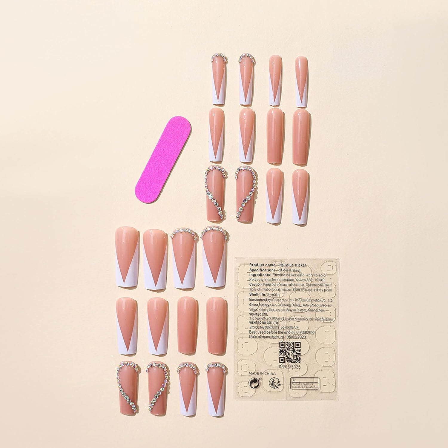 Uñas largas a presión, uñas postizas cuadradas, uñas acrílicas de cobertura completa con diamantes de imitación, uñas artificiales rosa claro con