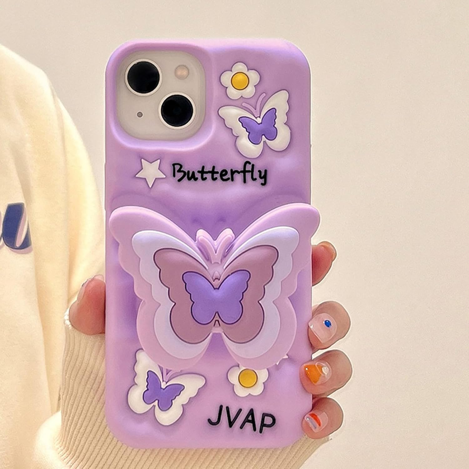 YWYUHE Funda de teléfono de mariposa morada compatible con iPhone 1314, bonita funda de mariposa de dopamina de Corea 3D con soporte telescópico de