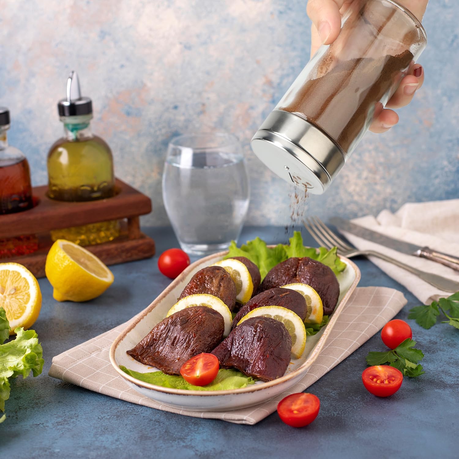 Segarty Tarro de especias con tapas cocteleras, paquete de 3 tarros de especias de 6 onzas con agujeros grandes ajustables para verter hierbas y