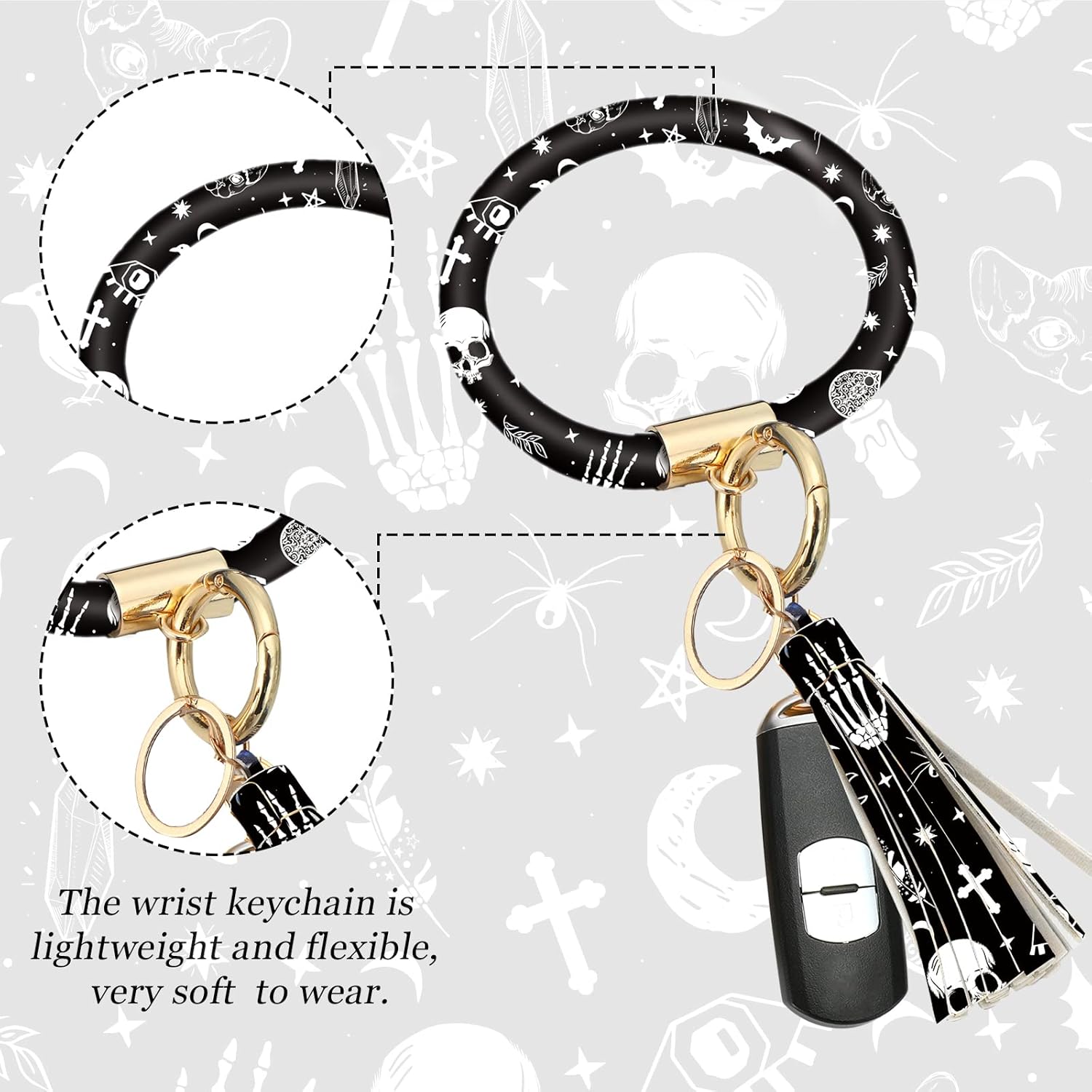 Juego de 4 accesorios para automóvil con estampado de lunas negras y estrellas blancas con 2 portavasos y llavero de cuero para camión SUV (patrón