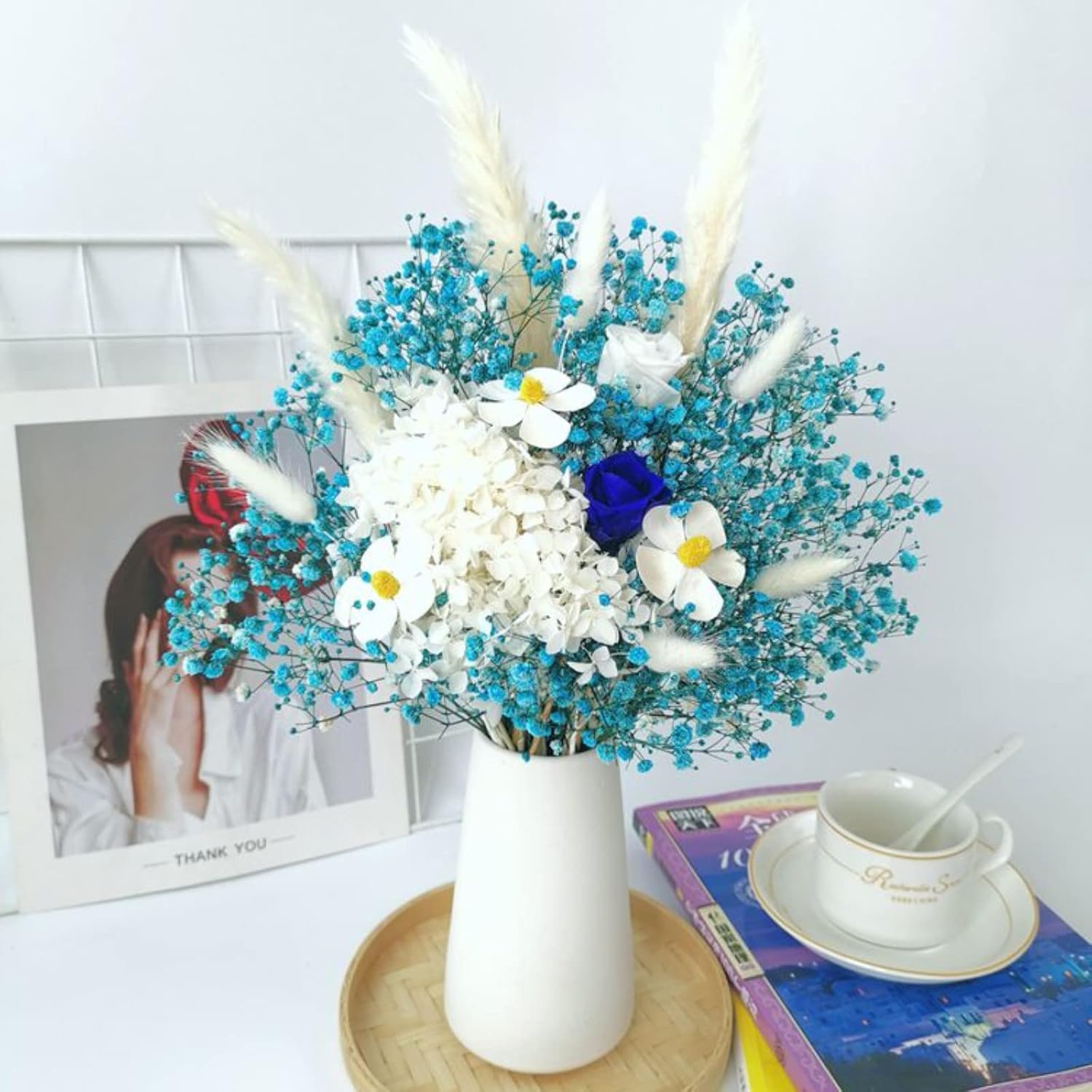 Ramo de flores secas de aliento de bebé, 17 pulgadas, más de 2500 flores secas color azul marfil, ramas de gypsophila naturales para bodas,