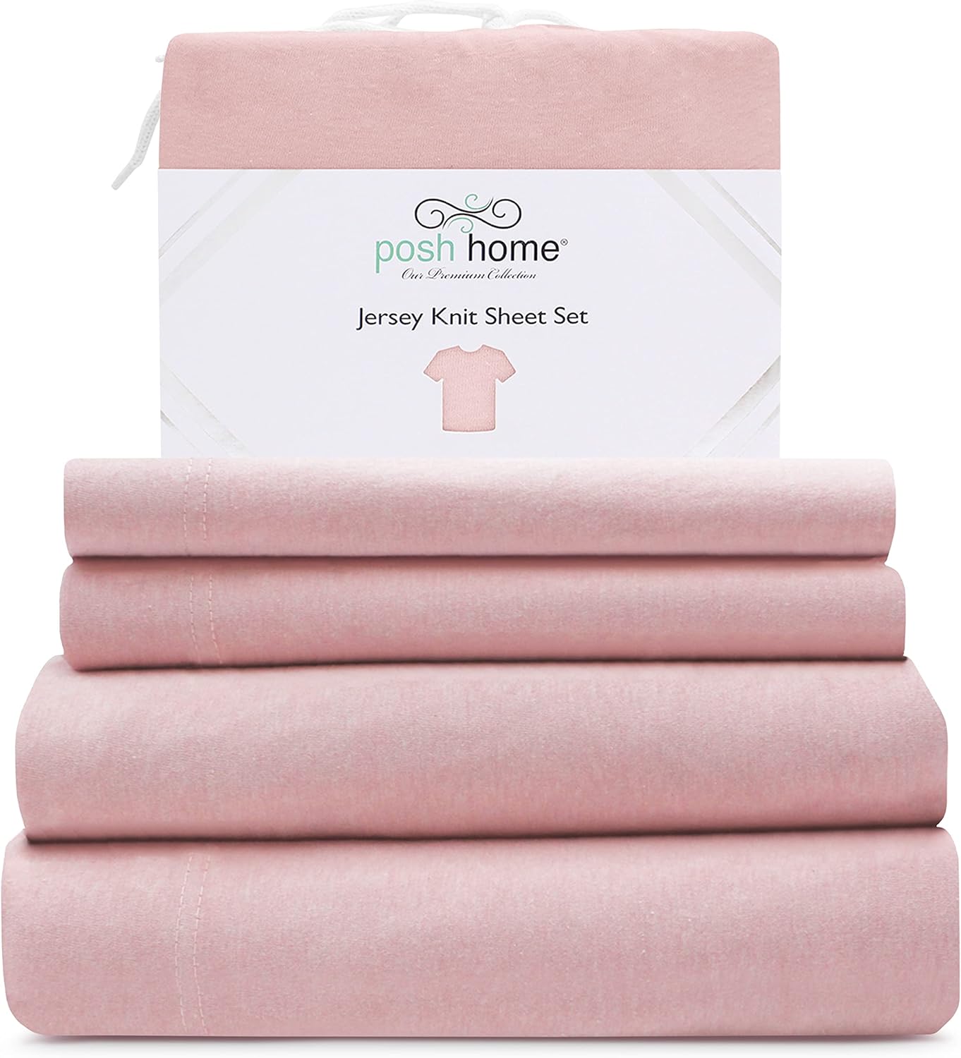 Posh Home Juego de sábanas de punto de jersey, sábanas de 4 piezas, sábanas de algodón transpirable y suave, incluye sábana encimera, sábana bajera