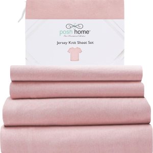 Posh Home Juego de sábanas de punto de jersey, sábanas de 4 piezas, sábanas de algodón transpirable y suave, incluye sábana encimera, sábana bajera Posh Home Juego de sábanas de punto de jersey, sábanas de 4 piezas, sábanas de algodón transpirable y suave, incluye sábana encimera, sábana bajera