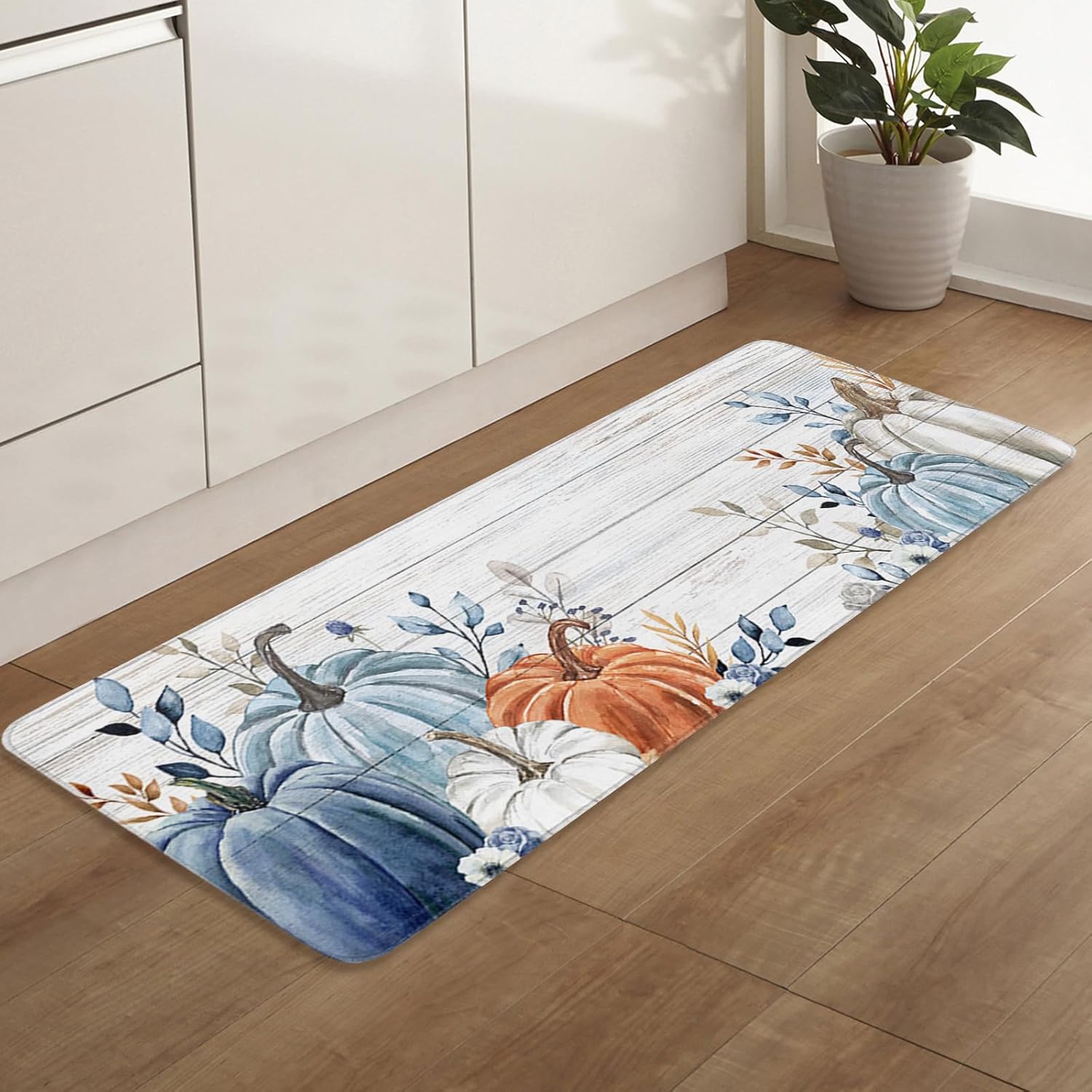 Juego de 2 tapetes de cocina con diseño de calabaza otoñal, color azul, blanco y naranja, calabazas degradadas, grano de madera rústica,