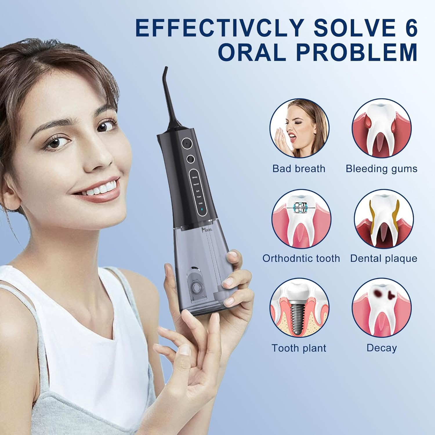 Irrigador dental de agua inalámbrico MOCEL 5 modos de irrigador oral 300ML portátil y USB C cable recargable IPX7 impermeable hilo dental limpiador