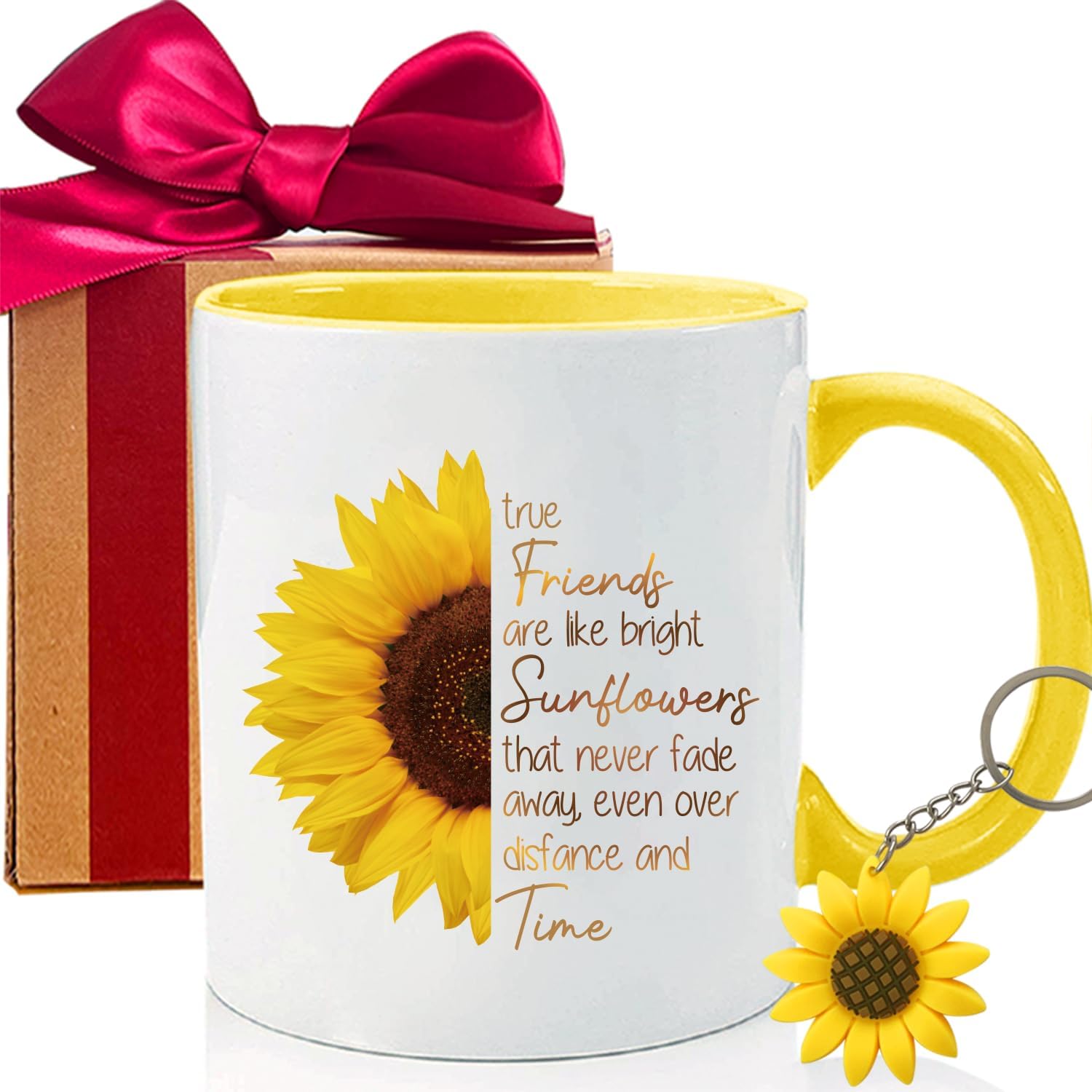 MNEDLAD Taza de café True Friends are Like Bright Sunflowers, llavero de girasol, divertida taza de refranes inspiradores, regalos de graduación de