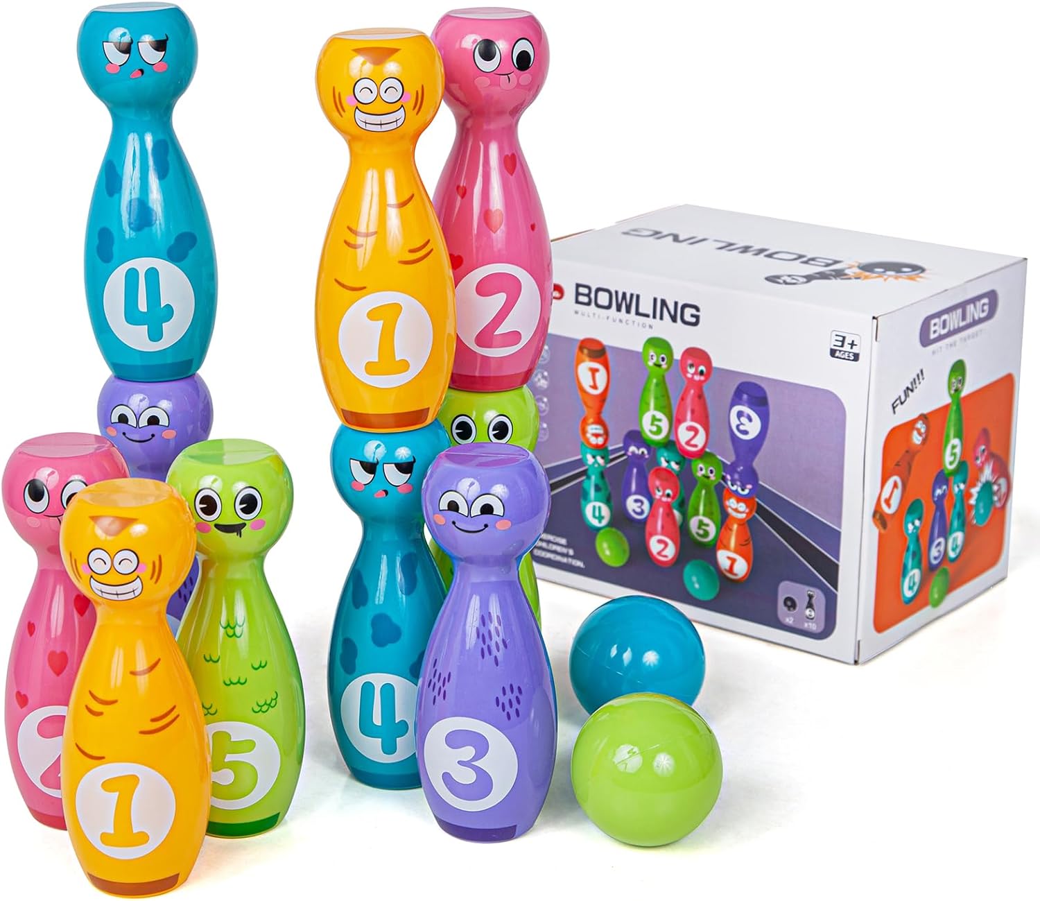 Juego de bolos para niños de 2 a 5 años, incluye 10 pines de plástico y 2 bolas, juegos de actividades en interiores, regalos de cumpleaños para